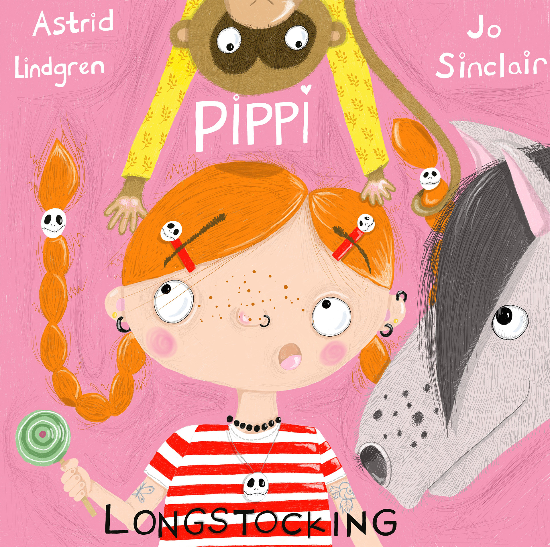 This image features a whimsical children's book cover illustration for Pippi Longstocking by Astrid Lindgren, reimagined with playful modern artwork by illustrator Jo Sinclair