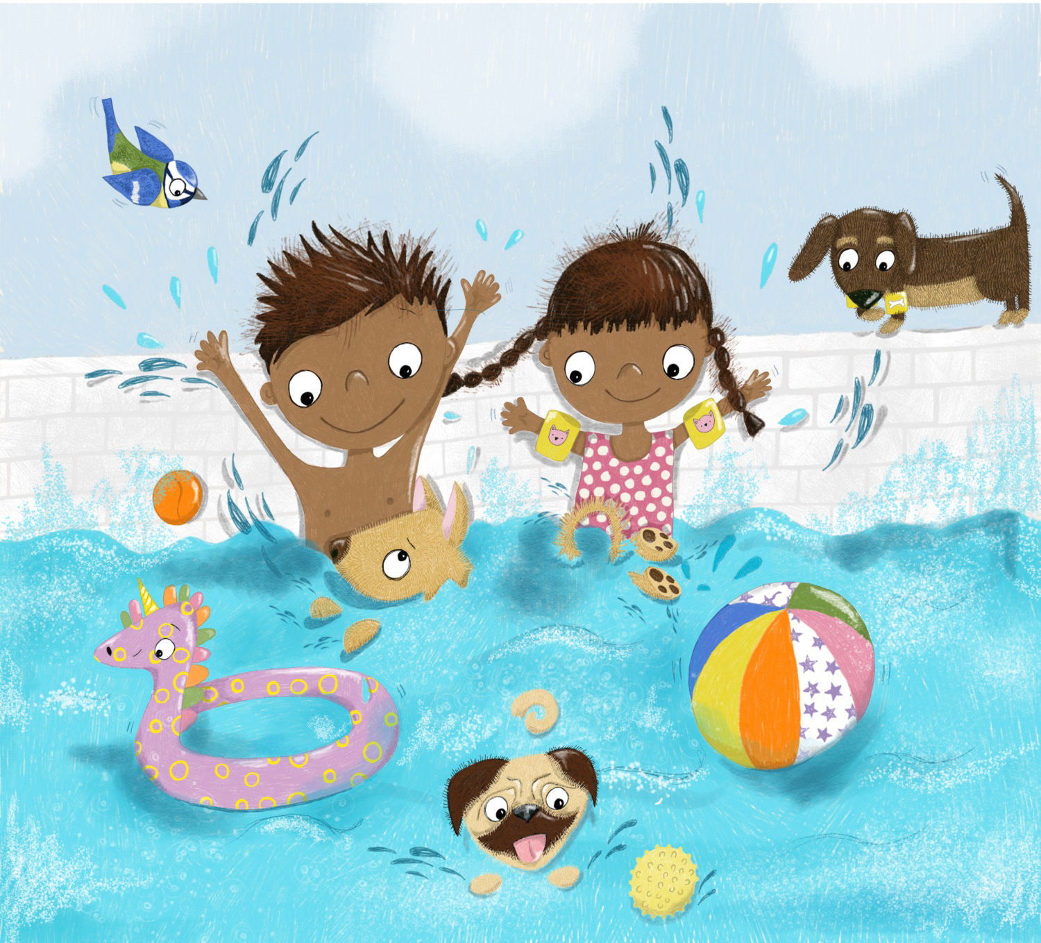 This playful digital illustration captures children and dogs splashing happily in a swimming pool, created by children's book illustrator Jo Sinclair.