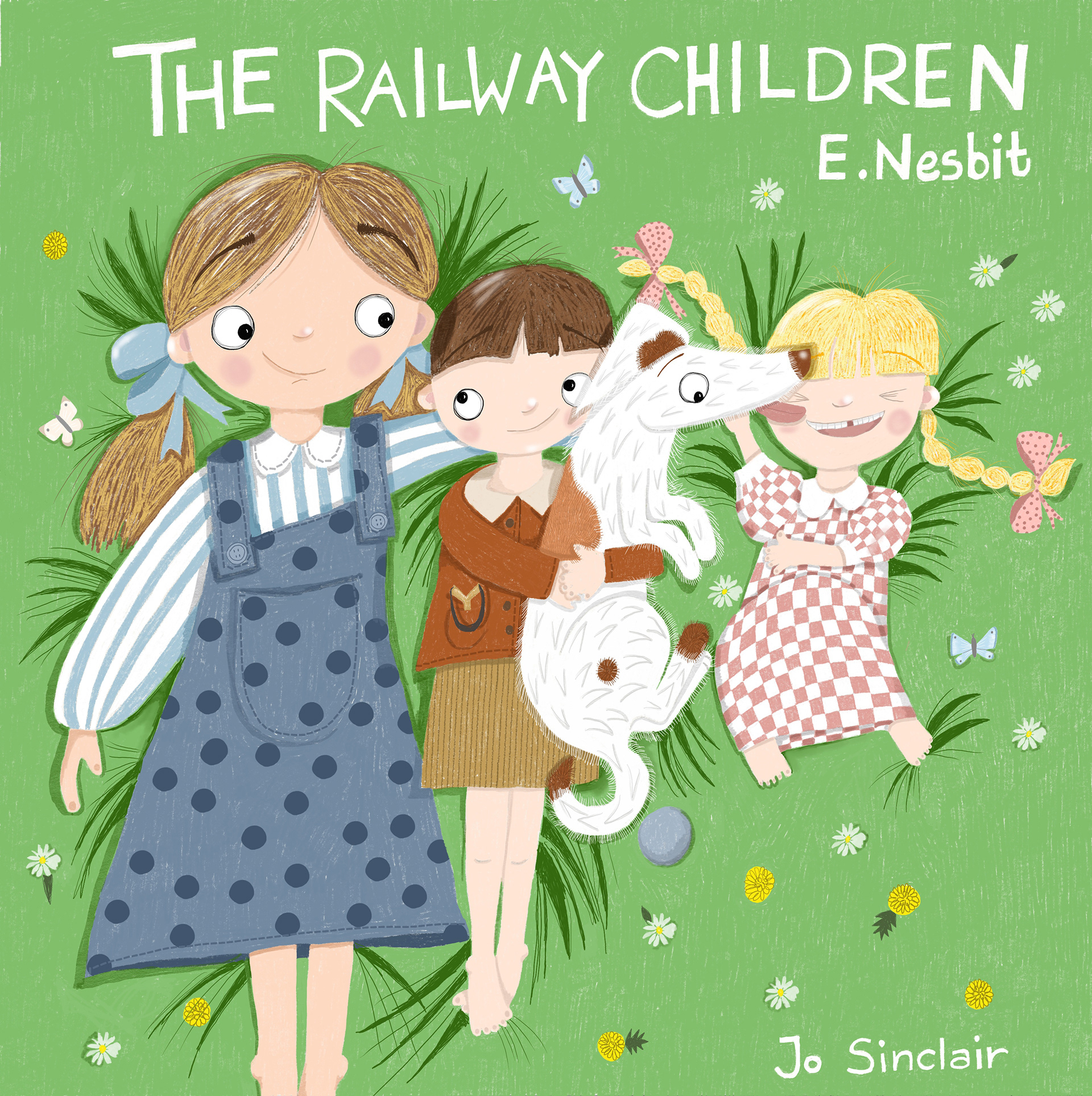 This image is a children's book cover illustration for The Railway Children by E. Nesbit.
