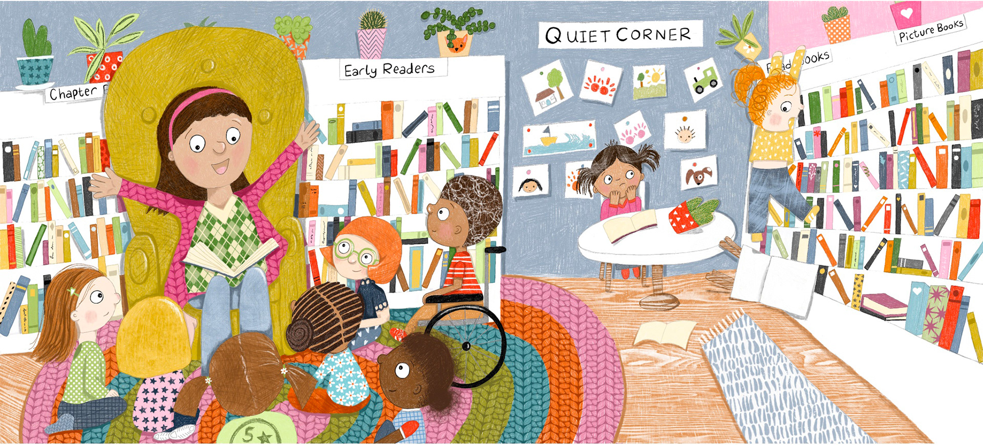 This illustration depicts a cozy library storytime scene where a teacher reads a book to a diverse group of children seated on a colorful braided rug.