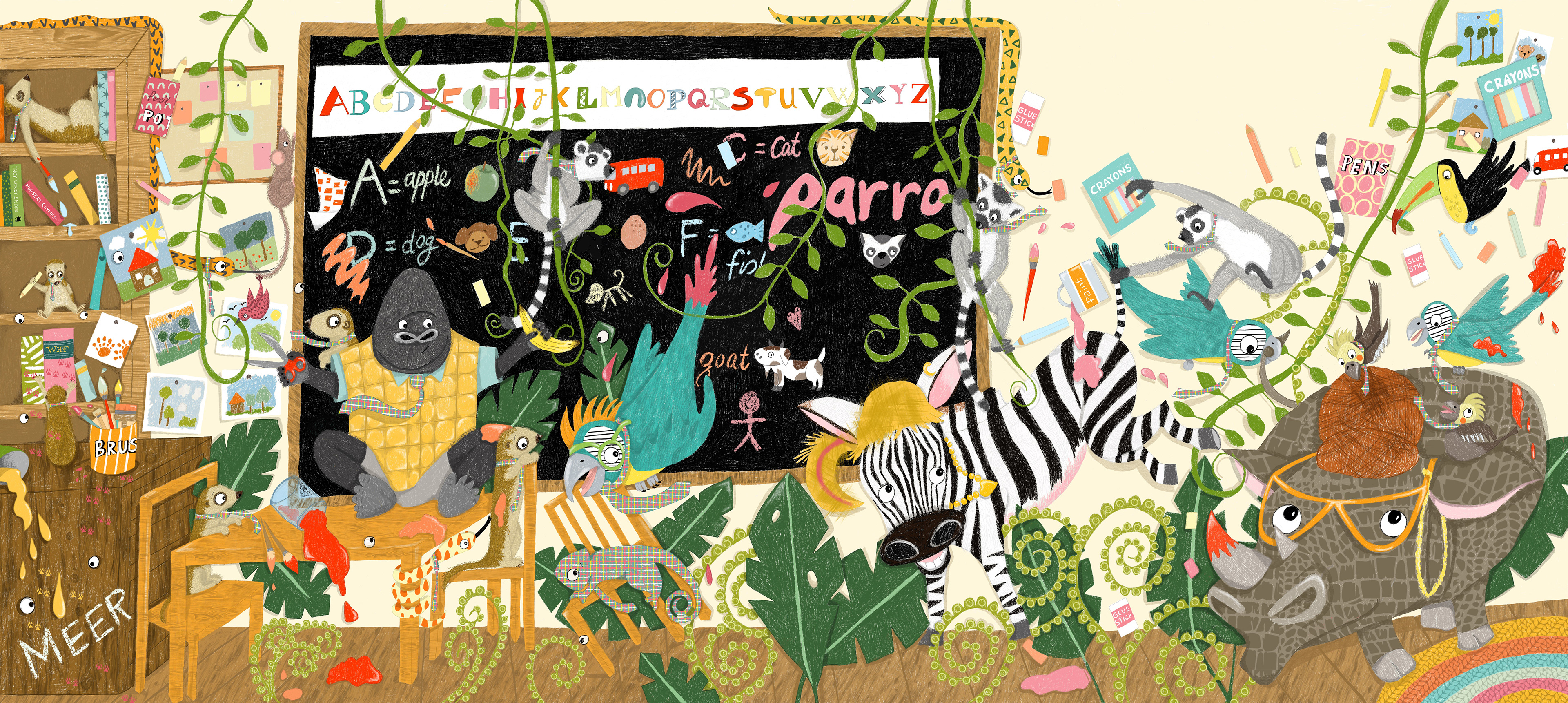 It includes a prominent black chalkboard with colorful letters of the alphabet and corresponding animal drawings. The scene is filled with intricate details like vines, art supplies, and other animals hanging or playing around the chalkboard