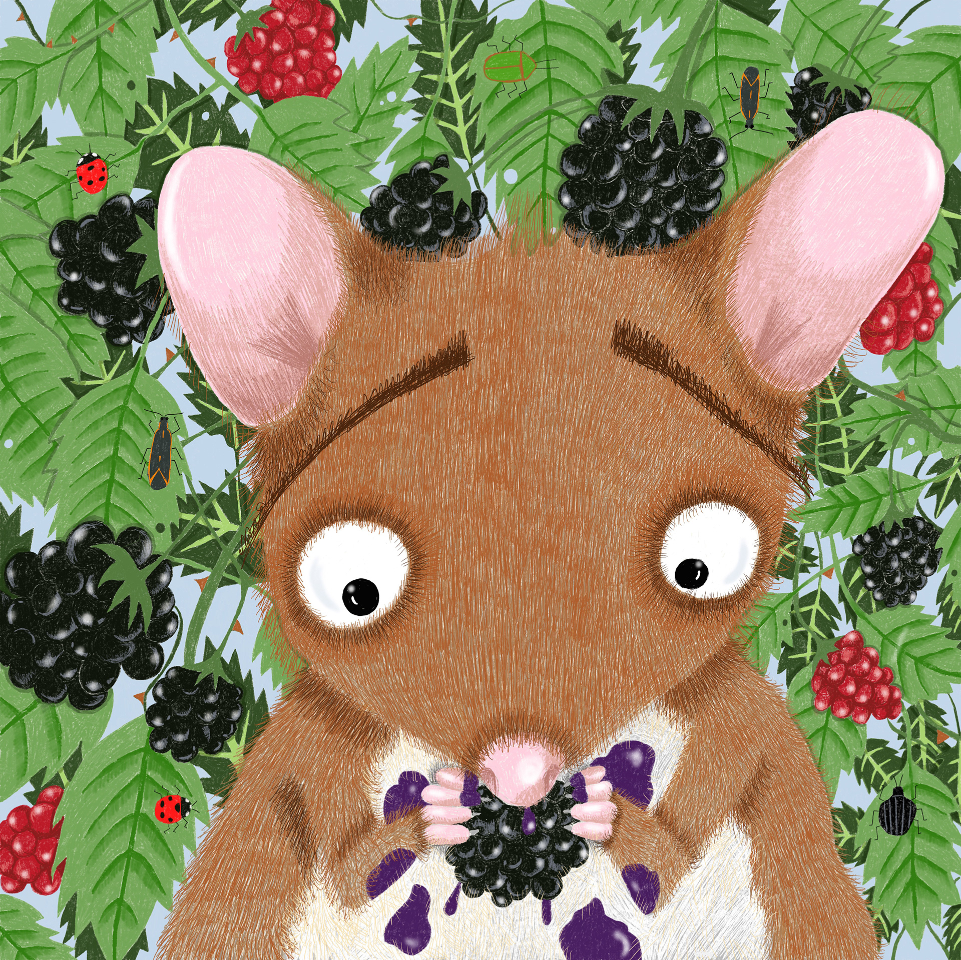 The image shows a charming, textured children's book style illustration of a wide-eyed brown mouse happily feasting on a blackberry amidst a leafy bramble.
