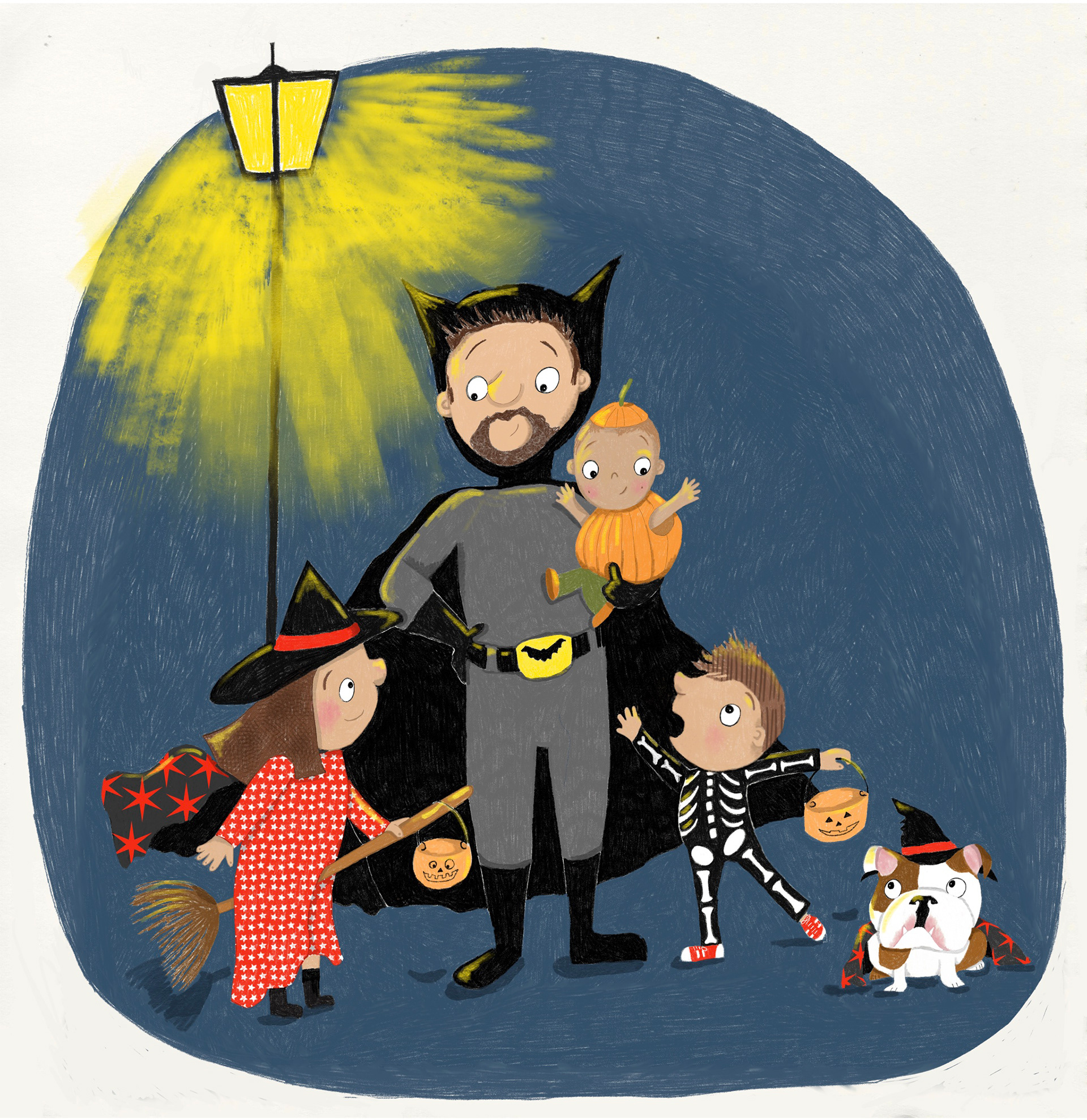 This charming children's book style illustration depicts a family dressed in Halloween costumes standing together under a glowing streetlamp at night.
