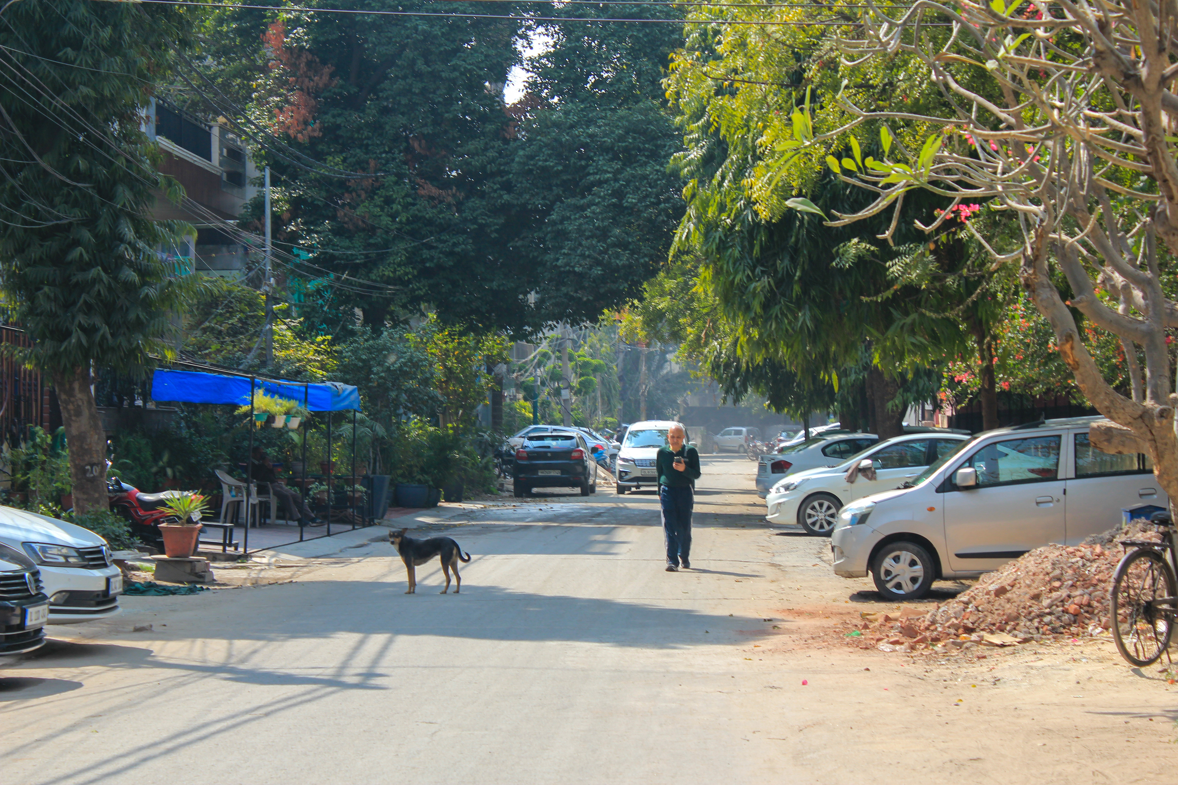 A man walking in the Madhuban neighborhood in New Delhi, India.
