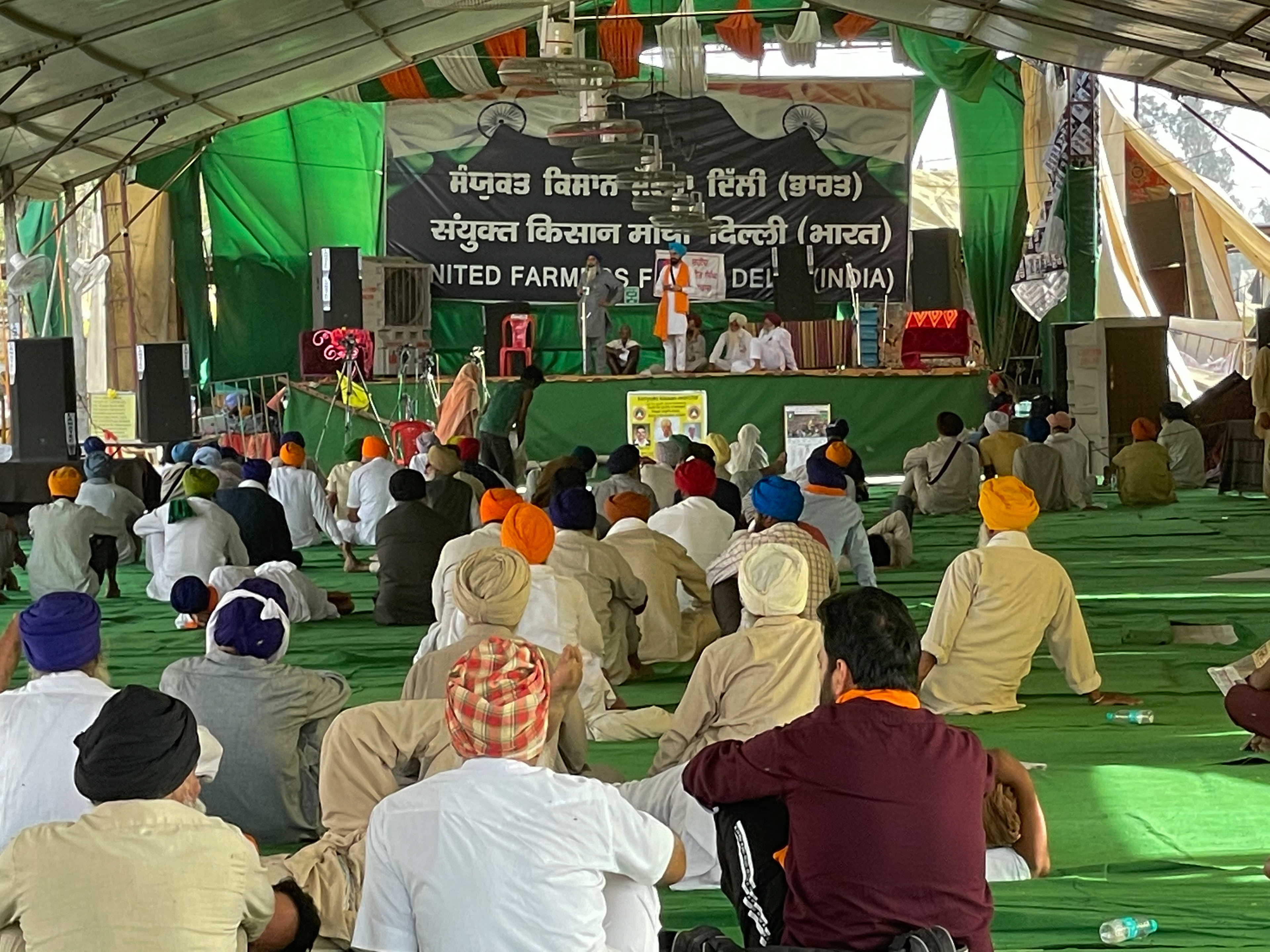 The stage where farmers assemble for the protest is teemed with loudspeakers and leaders announcing their demands from the government.