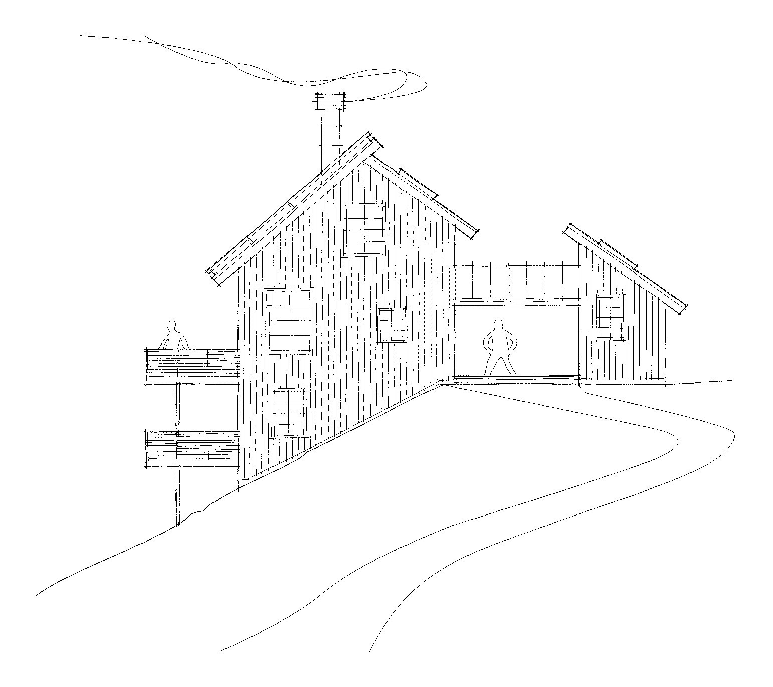 A small cottage in the woods of Brewster Mass. on a steep slope.