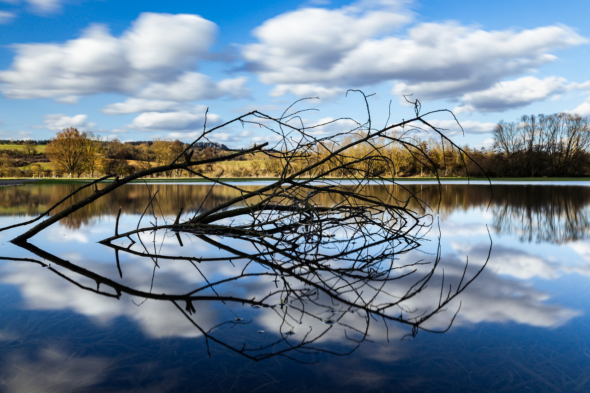 Langzeitaufnahme eines Asts in einer Wasserlache