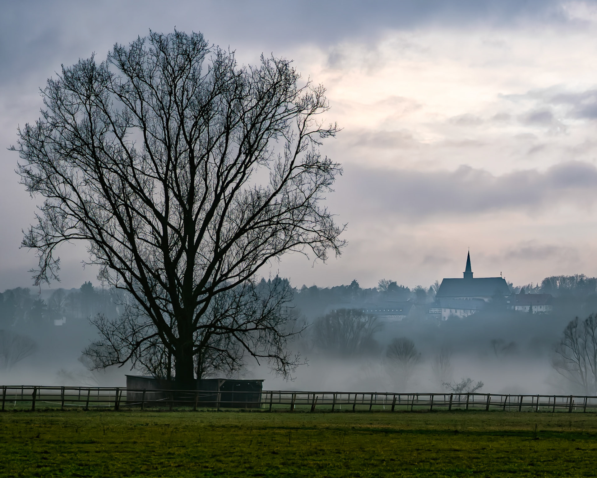 Kloster Altenberg aus den Lahnwiesen aufgenommen mit Koppel im Vordergrund