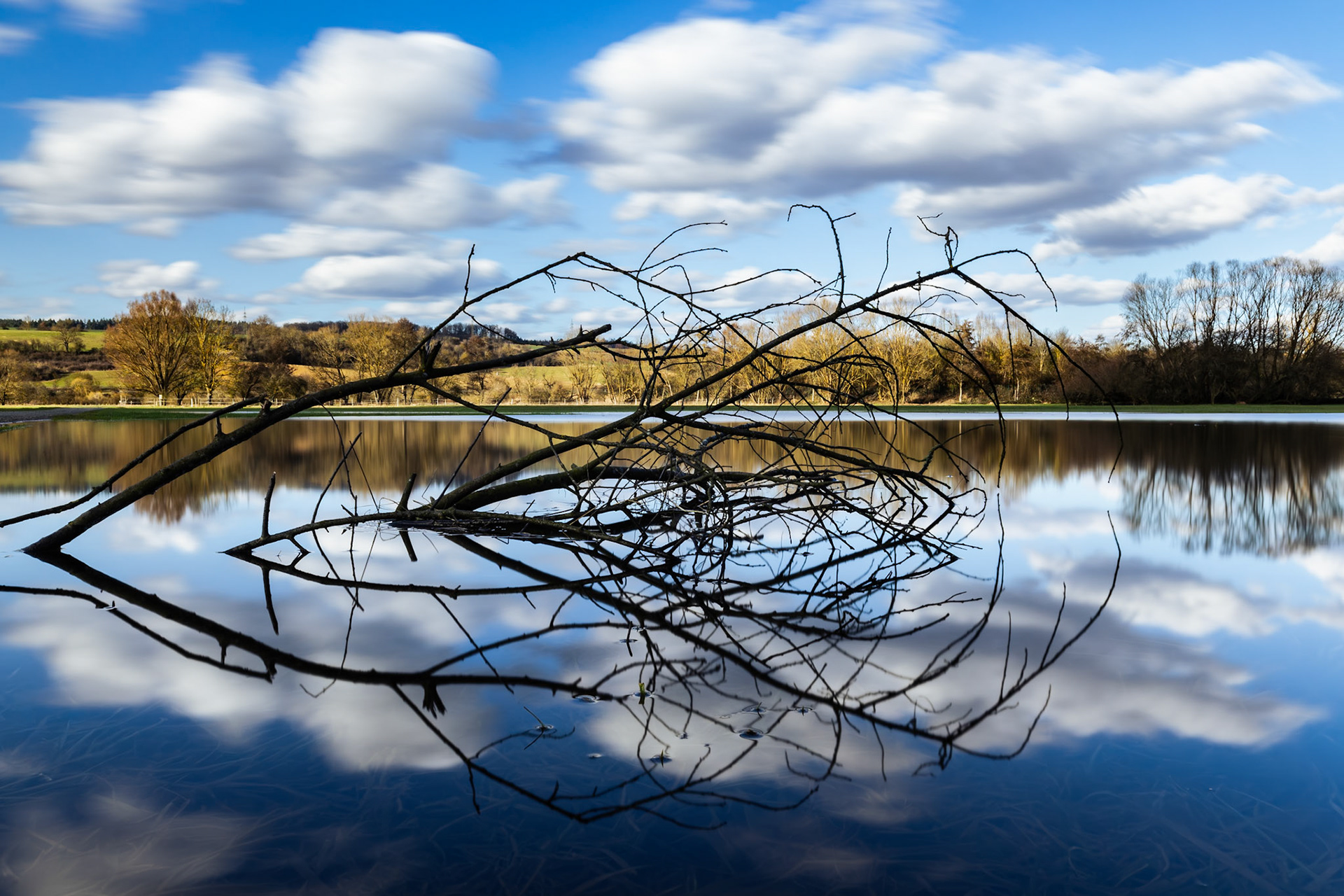 Langzeitaufnahme eines Asts in einer Wasserlache
