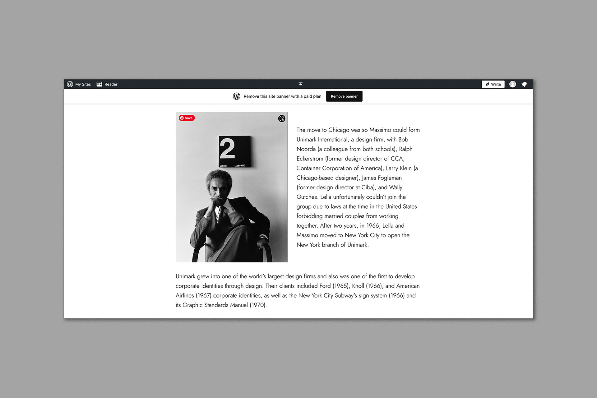 Screenshot from Wordpress Site massimovignelliforever.wordpress.com
