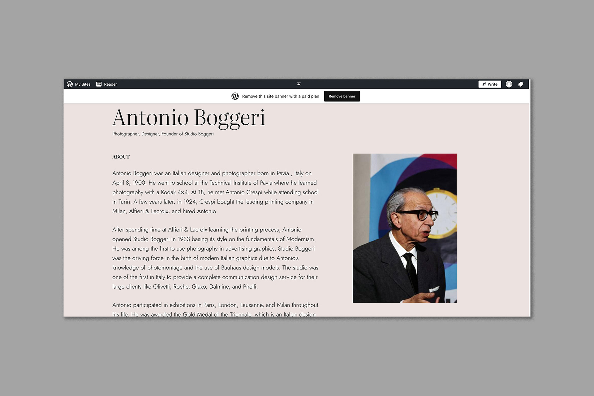 Screenshot from Wordpress Site massimovignelliforever.wordpress.com