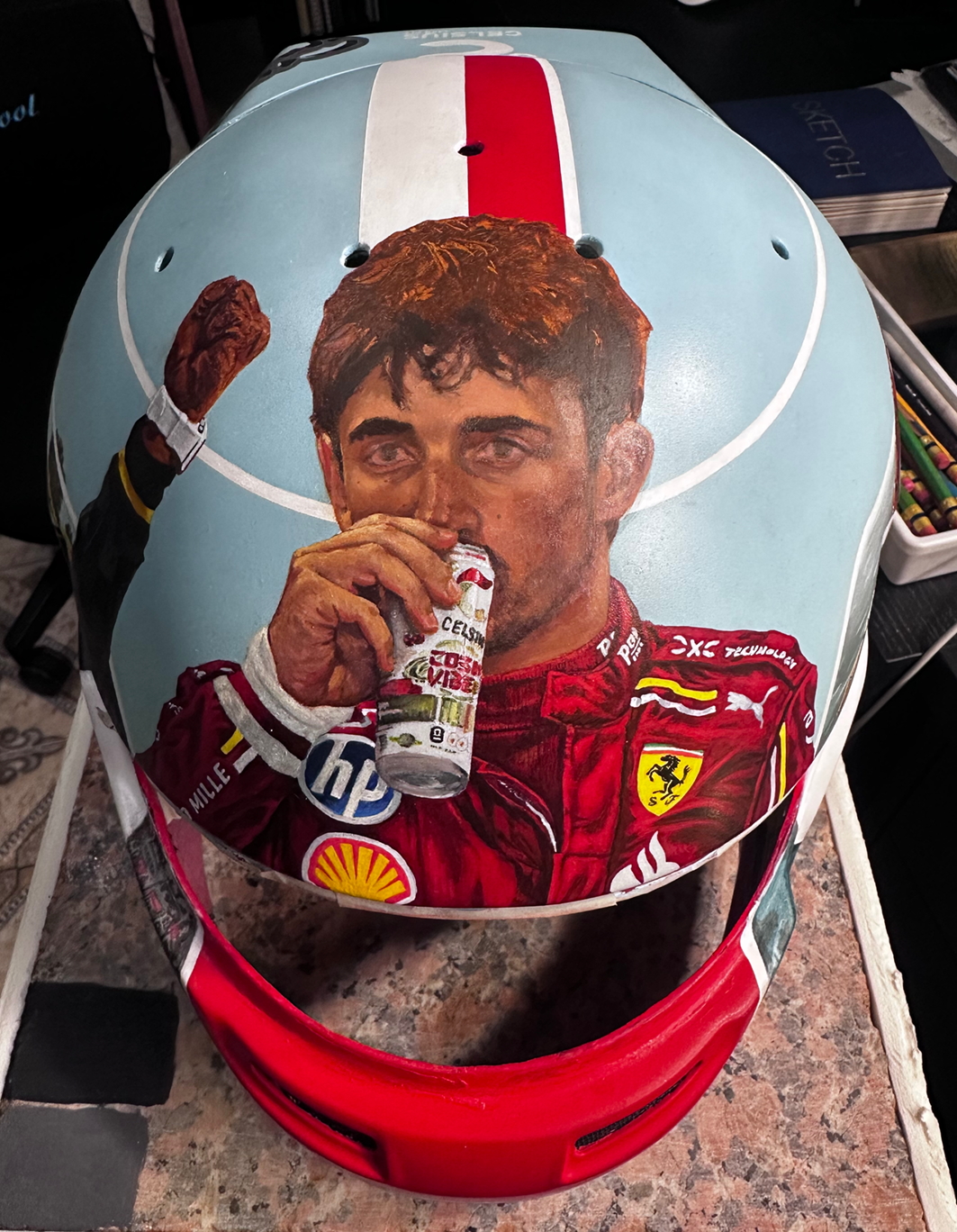 This is after the holes have been filled and the final painting process has started. For most projects I will paint the base color block-in layer in acrylic paint then move into oil paint to finish. This is my process for most projects depending on time constraints.