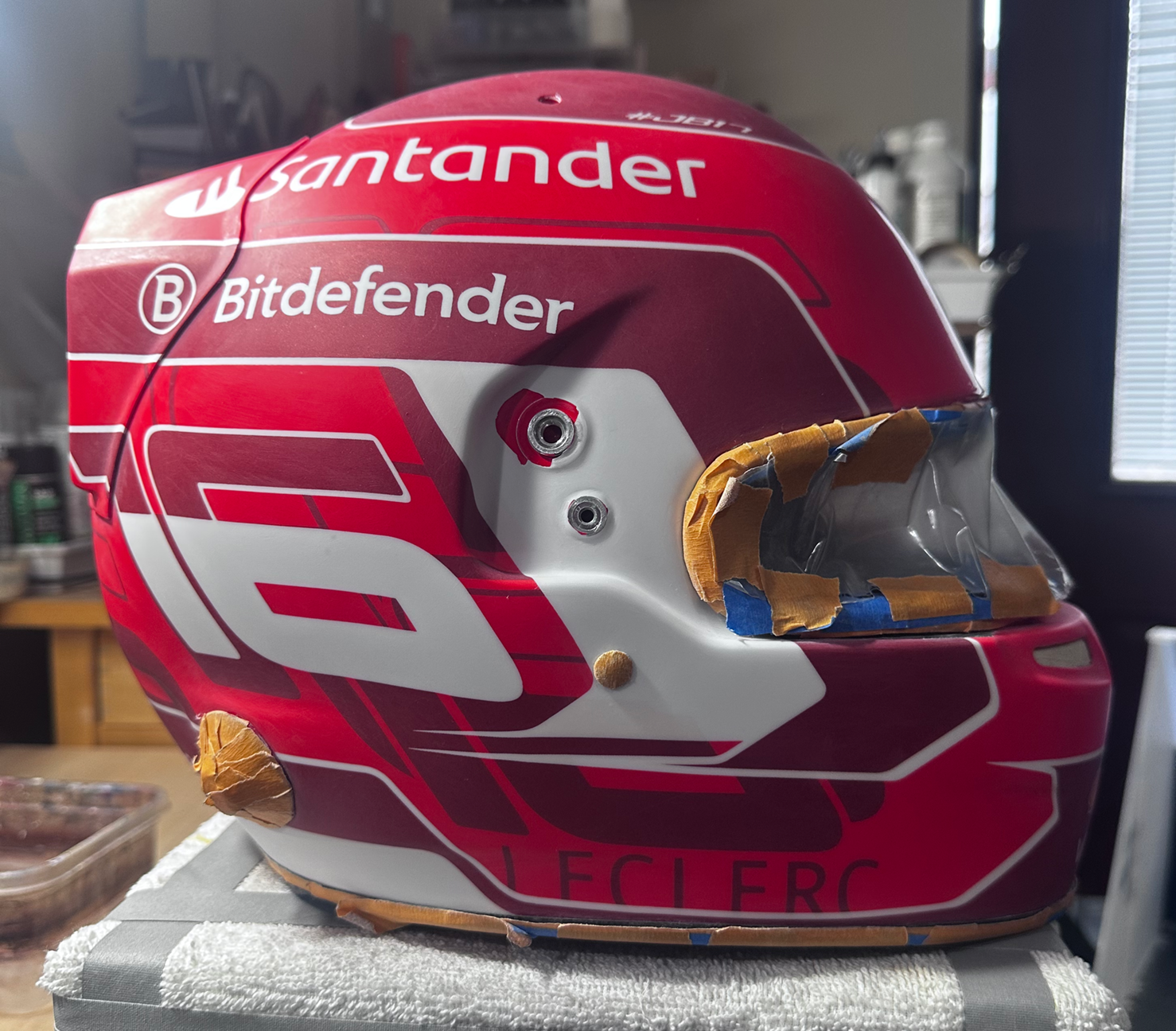 Helmet after sanding off the gloss layer to be repainted.