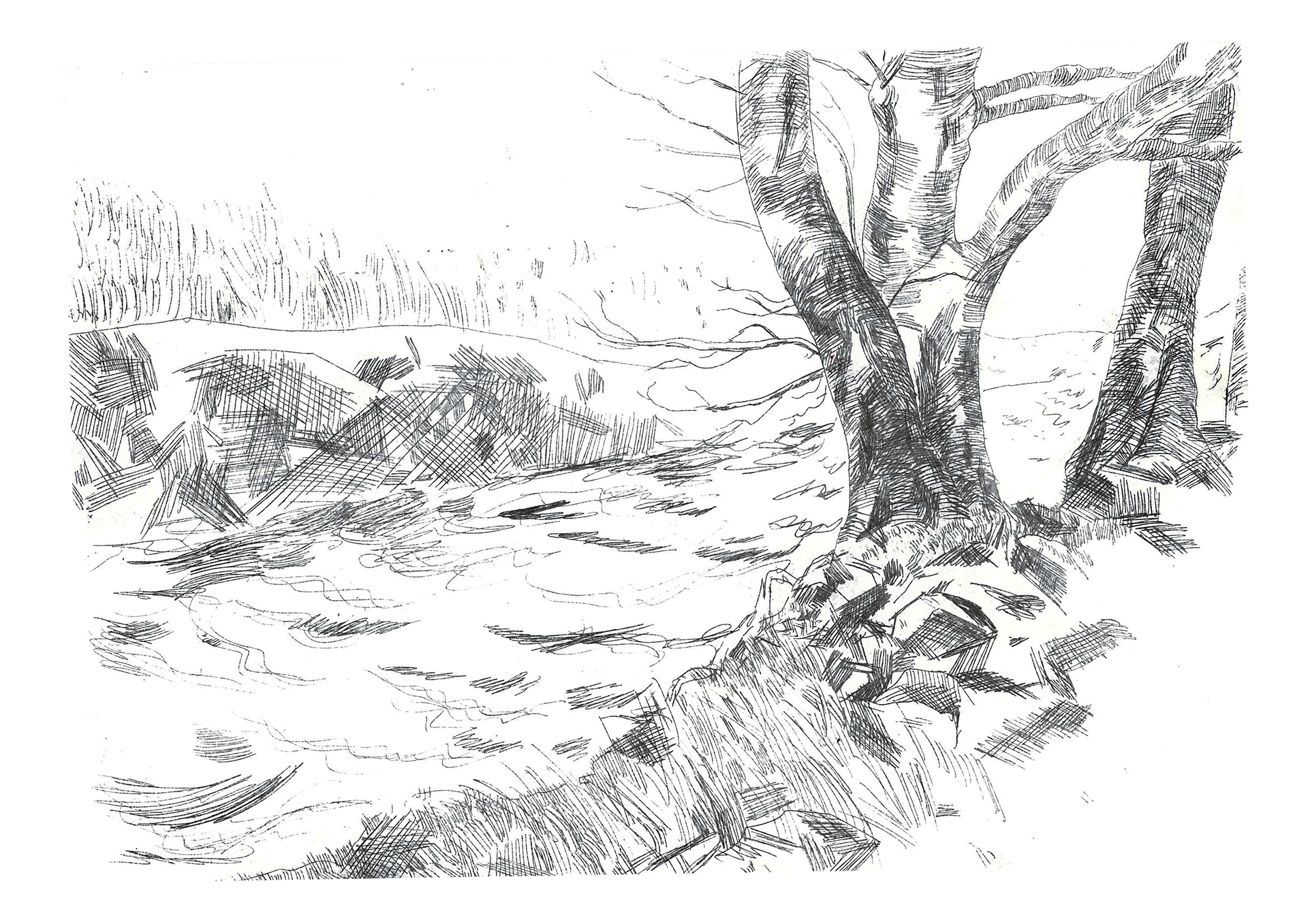 A4 etching of babbling brook next to the YHA hostel