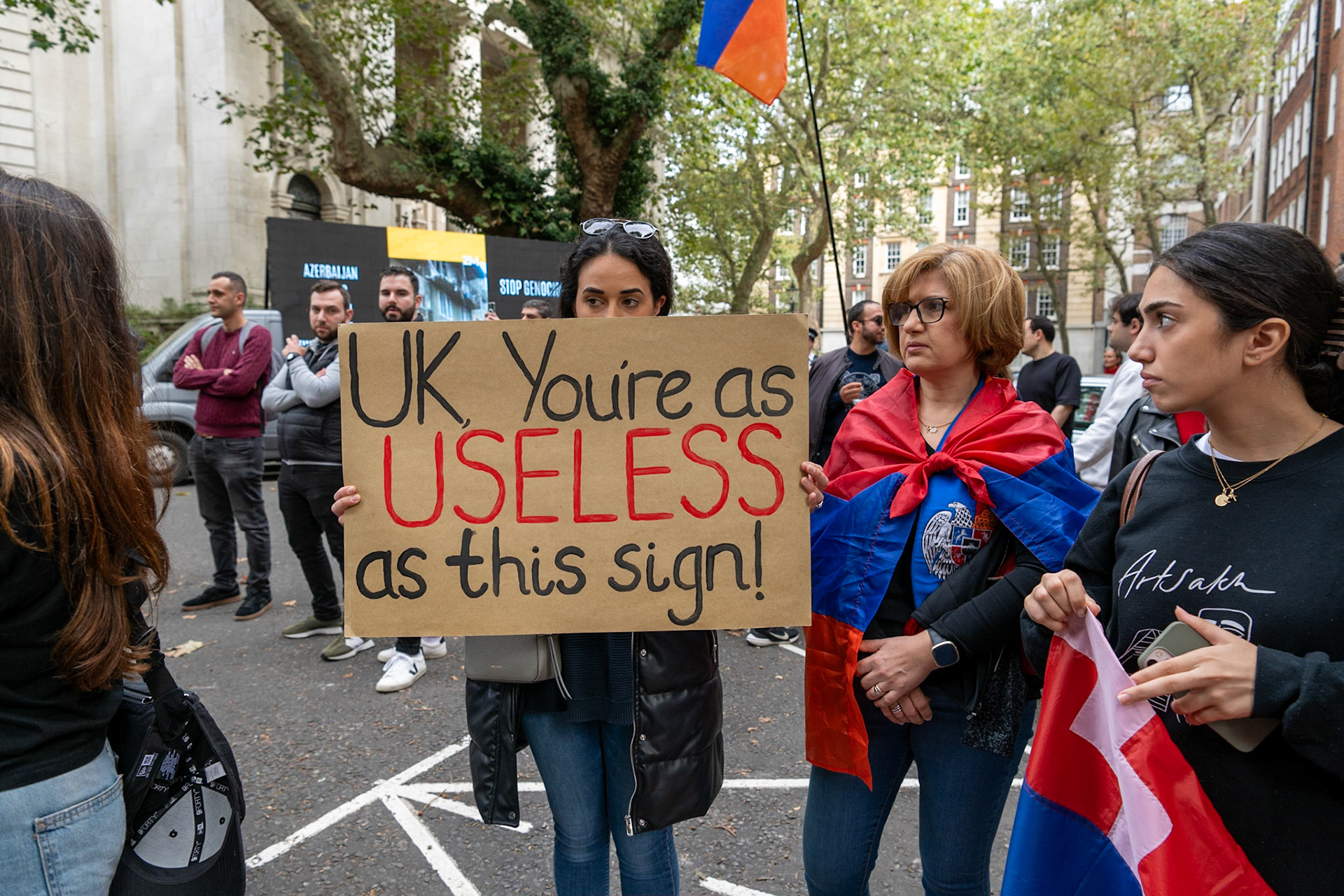On September 30, 2023, at Downing St./EU Delegation Office, U.K., The United Committee of Armenian Organisation (ACCC) and the Diocese of the Armenian Church in the United Kingdom and Ireland gathered to denounce ethnic cleansing in the Republic of Artsakh (Nagorno-Karabakh). Bishop Hovakim Marukyan (not pictured) of the Diocese and representatives from the Armenian National Committee (ANC) were present. The event occurred amid President Samwel Shrahramanyan's call to dissolve the Republic by January 1, 2024, a move met with skepticism about its authenticity, given concerns of possible coercion. Azerbaijan had declared complete control over the enclave.