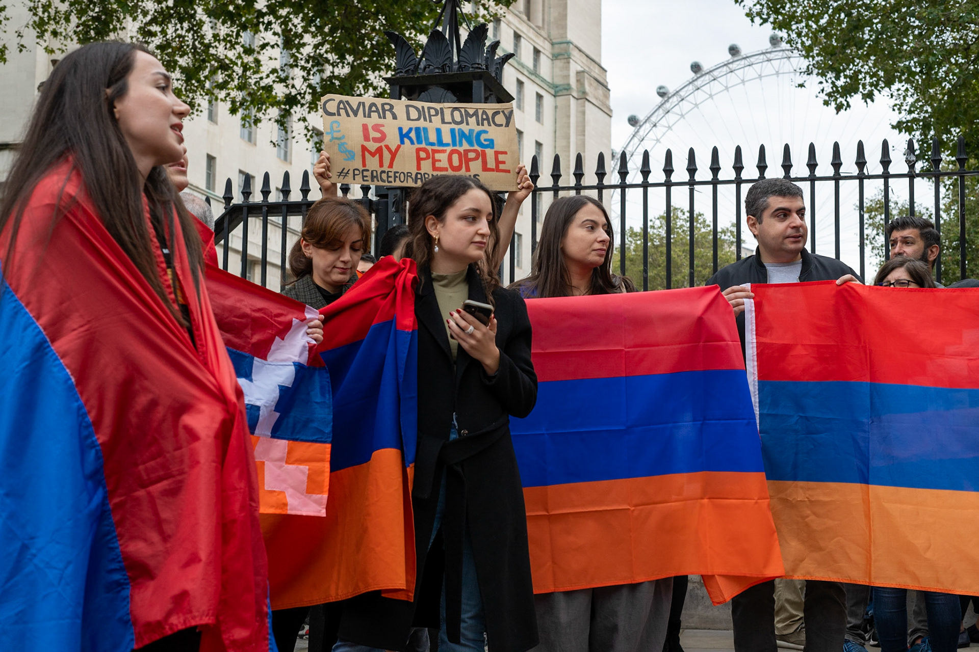 On September 30, 2023, at Downing St./EU Delegation Office, U.K., The United Committee of Armenian Organisation (ACCC) and the Diocese of the Armenian Church in the United Kingdom and Ireland gathered to denounce ethnic cleansing in the Republic of Artsakh (Nagorno-Karabakh). Bishop Hovakim Marukyan (not pictured) of the Diocese and representatives from the Armenian National Committee (ANC) were present. The event occurred amid President Samwel Shrahramanyan's call to dissolve the Republic by January 1, 2024, a move met with skepticism about its authenticity, given concerns of possible coercion. Azerbaijan had declared complete control over the enclave.