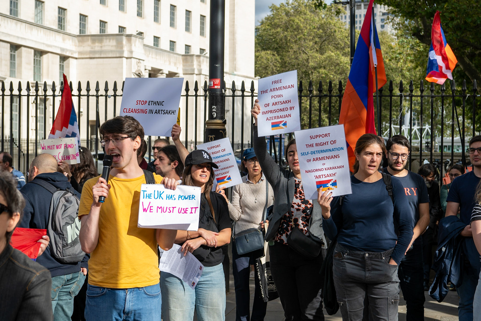 On September 30, 2023, at Downing St./EU Delegation Office, U.K., The United Committee of Armenian Organisation (ACCC) and the Diocese of the Armenian Church in the United Kingdom and Ireland gathered to denounce ethnic cleansing in the Republic of Artsakh (Nagorno-Karabakh). Bishop Hovakim Marukyan (not pictured) of the Diocese and representatives from the Armenian National Committee (ANC) were present. The event occurred amid President Samwel Shrahramanyan's call to dissolve the Republic by January 1, 2024, a move met with skepticism about its authenticity, given concerns of possible coercion. Azerbaijan had declared complete control over the enclave.