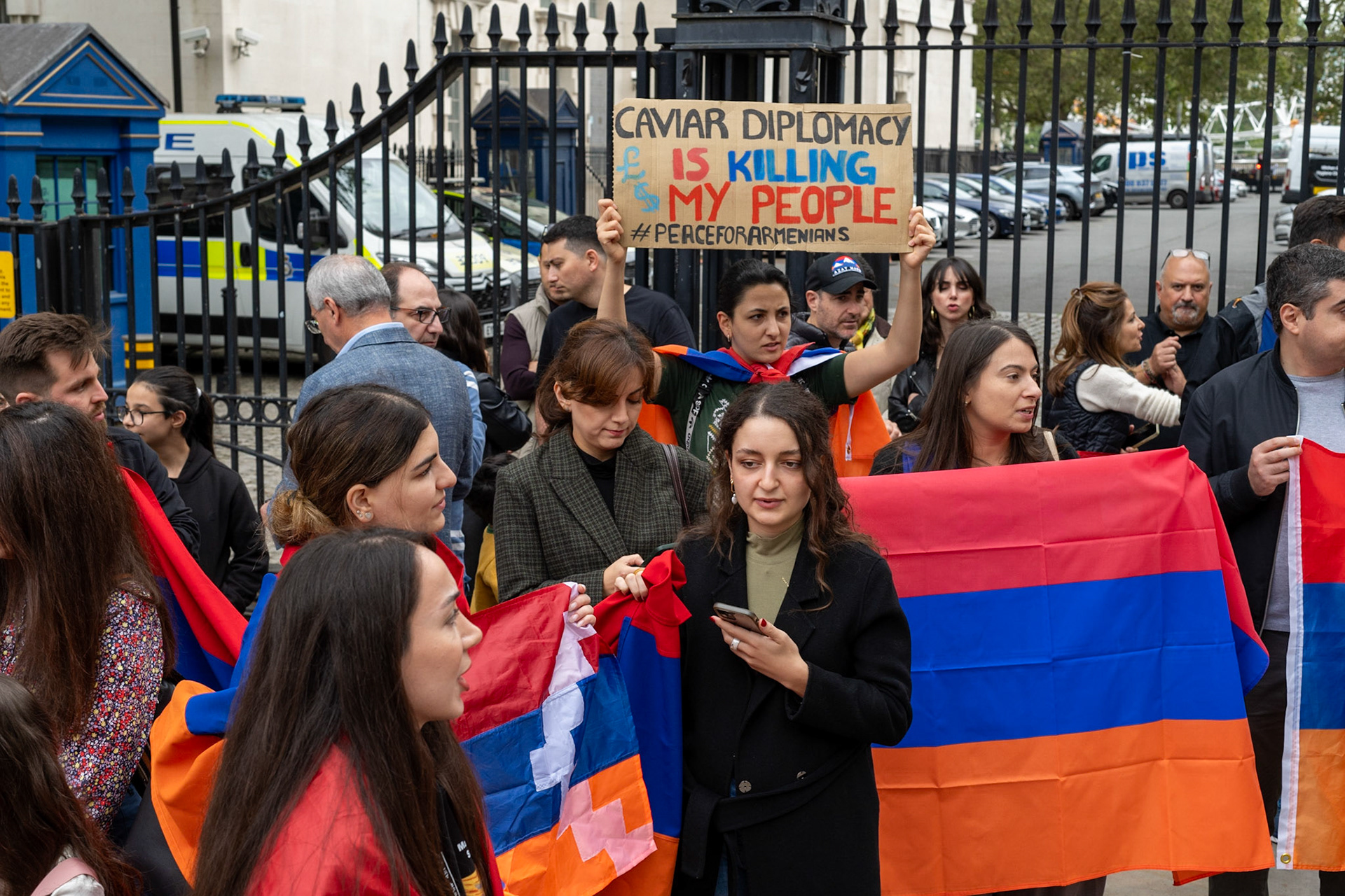 On September 30, 2023, at Downing St./EU Delegation Office, U.K., The United Committee of Armenian Organisation (ACCC) and the Diocese of the Armenian Church in the United Kingdom and Ireland gathered to denounce ethnic cleansing in the Republic of Artsakh (Nagorno-Karabakh). Bishop Hovakim Marukyan (not pictured) of the Diocese and representatives from the Armenian National Committee (ANC) were present. The event occurred amid President Samwel Shrahramanyan's call to dissolve the Republic by January 1, 2024, a move met with skepticism about its authenticity, given concerns of possible coercion. Azerbaijan had declared complete control over the enclave.