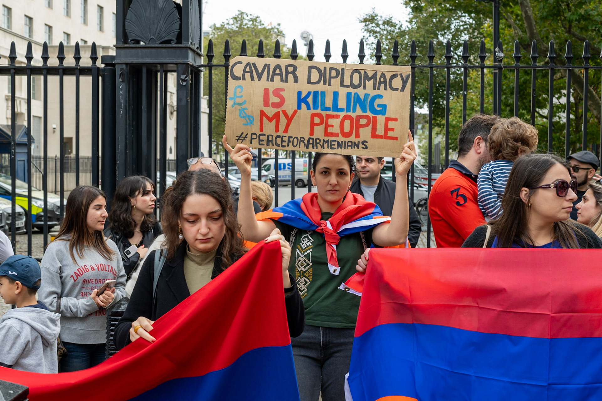On September 30, 2023, at Downing St./EU Delegation Office, U.K., The United Committee of Armenian Organisation (ACCC) and the Diocese of the Armenian Church in the United Kingdom and Ireland gathered to denounce ethnic cleansing in the Republic of Artsakh (Nagorno-Karabakh). Bishop Hovakim Marukyan (not pictured) of the Diocese and representatives from the Armenian National Committee (ANC) were present. The event occurred amid President Samwel Shrahramanyan's call to dissolve the Republic by January 1, 2024, a move met with skepticism about its authenticity, given concerns of possible coercion. Azerbaijan had declared complete control over the enclave.
