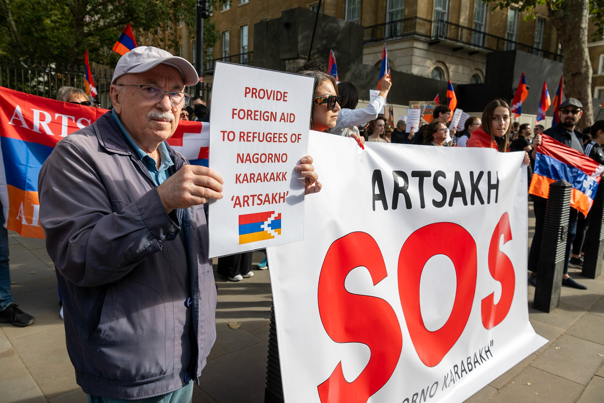 On September 30, 2023, at Downing St./EU Delegation Office, U.K., The United Committee of Armenian Organisation (ACCC) and the Diocese of the Armenian Church in the United Kingdom and Ireland gathered to denounce ethnic cleansing in the Republic of Artsakh (Nagorno-Karabakh). Bishop Hovakim Marukyan (not pictured) of the Diocese and representatives from the Armenian National Committee (ANC) were present. The event occurred amid President Samwel Shrahramanyan's call to dissolve the Republic by January 1, 2024, a move met with skepticism about its authenticity, given concerns of possible coercion. Azerbaijan had declared complete control over the enclave.