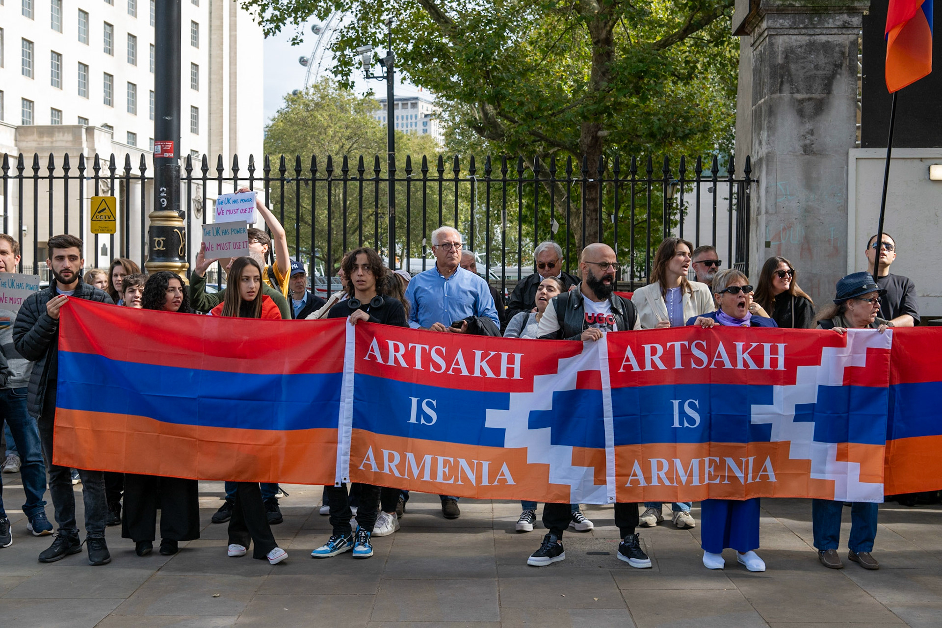 On September 30, 2023, at Downing St./EU Delegation Office, U.K., The United Committee of Armenian Organisation (ACCC) and the Diocese of the Armenian Church in the United Kingdom and Ireland gathered to denounce ethnic cleansing in the Republic of Artsakh (Nagorno-Karabakh). Bishop Hovakim Marukyan (not pictured) of the Diocese and representatives from the Armenian National Committee (ANC) were present. The event occurred amid President Samwel Shrahramanyan's call to dissolve the Republic by January 1, 2024, a move met with skepticism about its authenticity, given concerns of possible coercion. Azerbaijan had declared complete control over the enclave.