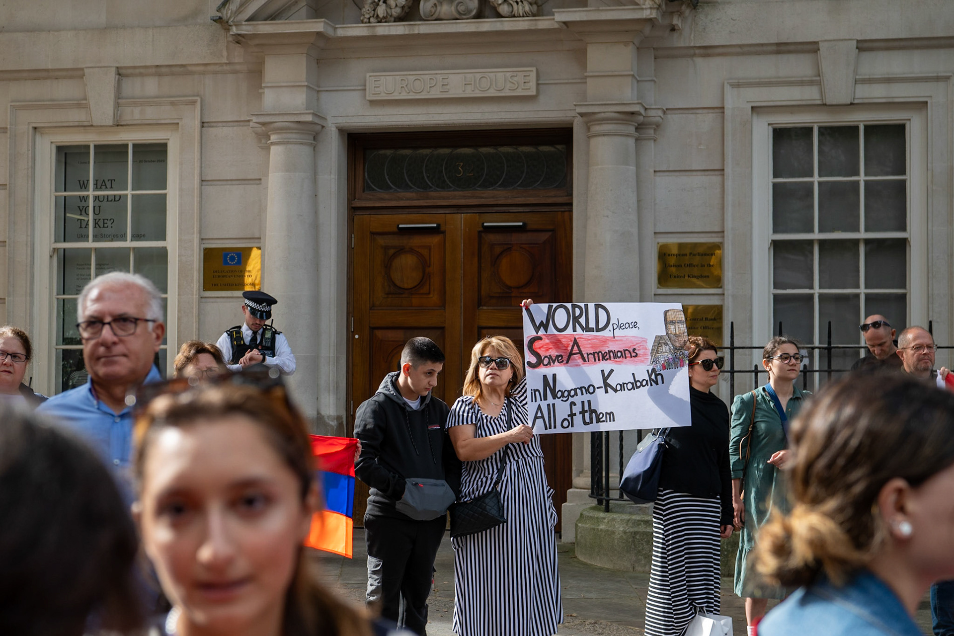 On September 30, 2023, at Downing St./EU Delegation Office, U.K., The United Committee of Armenian Organisation (ACCC) and the Diocese of the Armenian Church in the United Kingdom and Ireland gathered to denounce ethnic cleansing in the Republic of Artsakh (Nagorno-Karabakh). Bishop Hovakim Marukyan (not pictured) of the Diocese and representatives from the Armenian National Committee (ANC) were present. The event occurred amid President Samwel Shrahramanyan's call to dissolve the Republic by January 1, 2024, a move met with skepticism about its authenticity, given concerns of possible coercion. Azerbaijan had declared complete control over the enclave.