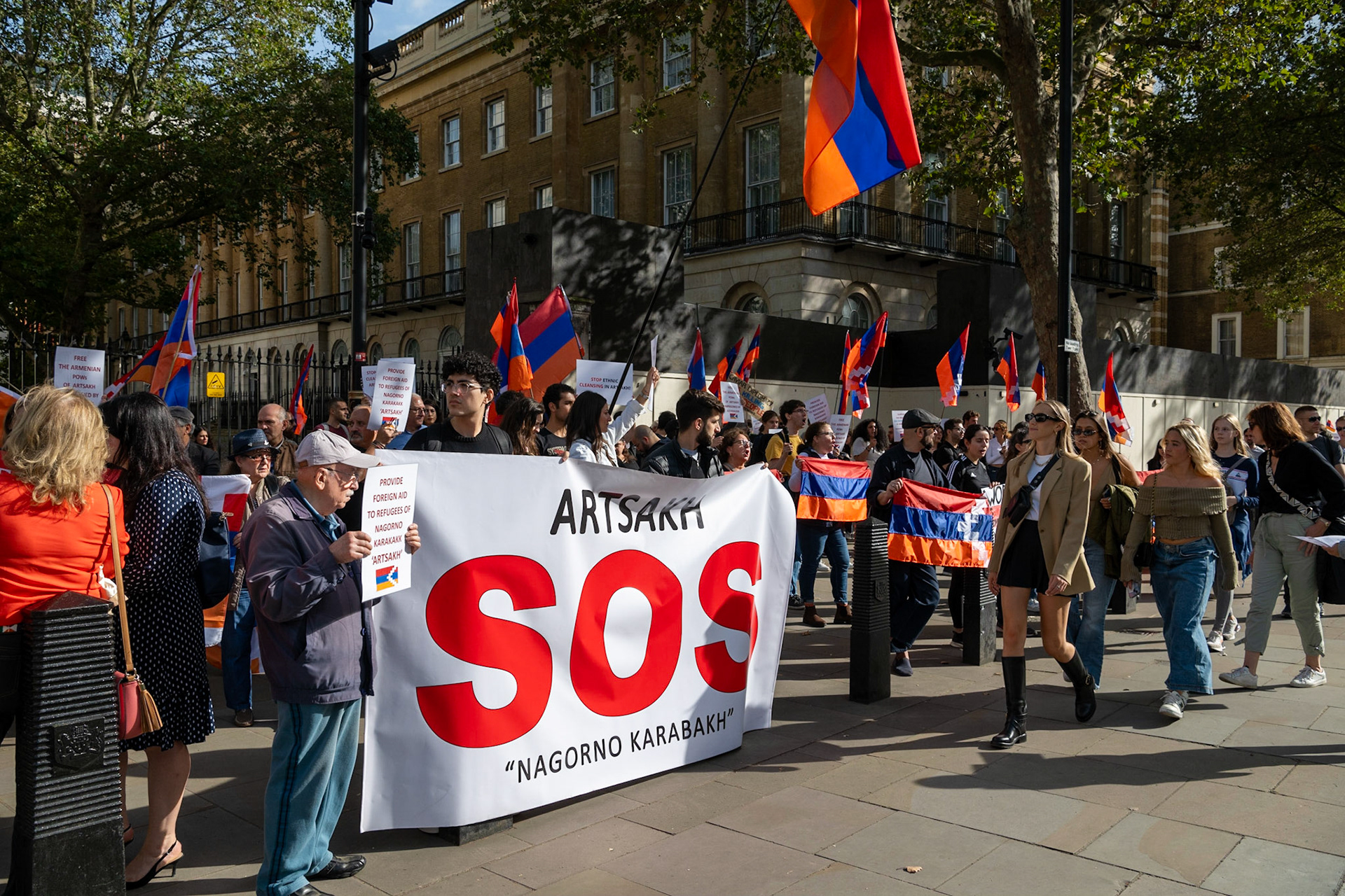 On September 30, 2023, at Downing St./EU Delegation Office, U.K., The United Committee of Armenian Organisation (ACCC) and the Diocese of the Armenian Church in the United Kingdom and Ireland gathered to denounce ethnic cleansing in the Republic of Artsakh (Nagorno-Karabakh). Bishop Hovakim Marukyan (not pictured) of the Diocese and representatives from the Armenian National Committee (ANC) were present. The event occurred amid President Samwel Shrahramanyan's call to dissolve the Republic by January 1, 2024, a move met with skepticism about its authenticity, given concerns of possible coercion. Azerbaijan had declared complete control over the enclave.