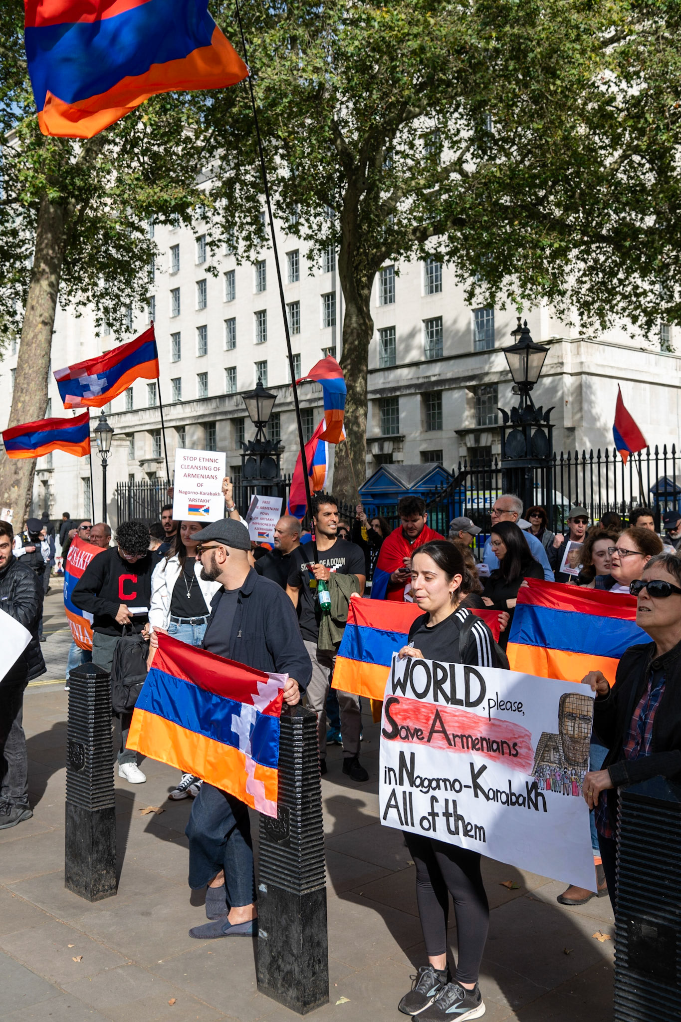 On September 30, 2023, at Downing St./EU Delegation Office, U.K., The United Committee of Armenian Organisation (ACCC) and the Diocese of the Armenian Church in the United Kingdom and Ireland gathered to denounce ethnic cleansing in the Republic of Artsakh (Nagorno-Karabakh). Bishop Hovakim Marukyan (not pictured) of the Diocese and representatives from the Armenian National Committee (ANC) were present. The event occurred amid President Samwel Shrahramanyan's call to dissolve the Republic by January 1, 2024, a move met with skepticism about its authenticity, given concerns of possible coercion. Azerbaijan had declared complete control over the enclave.