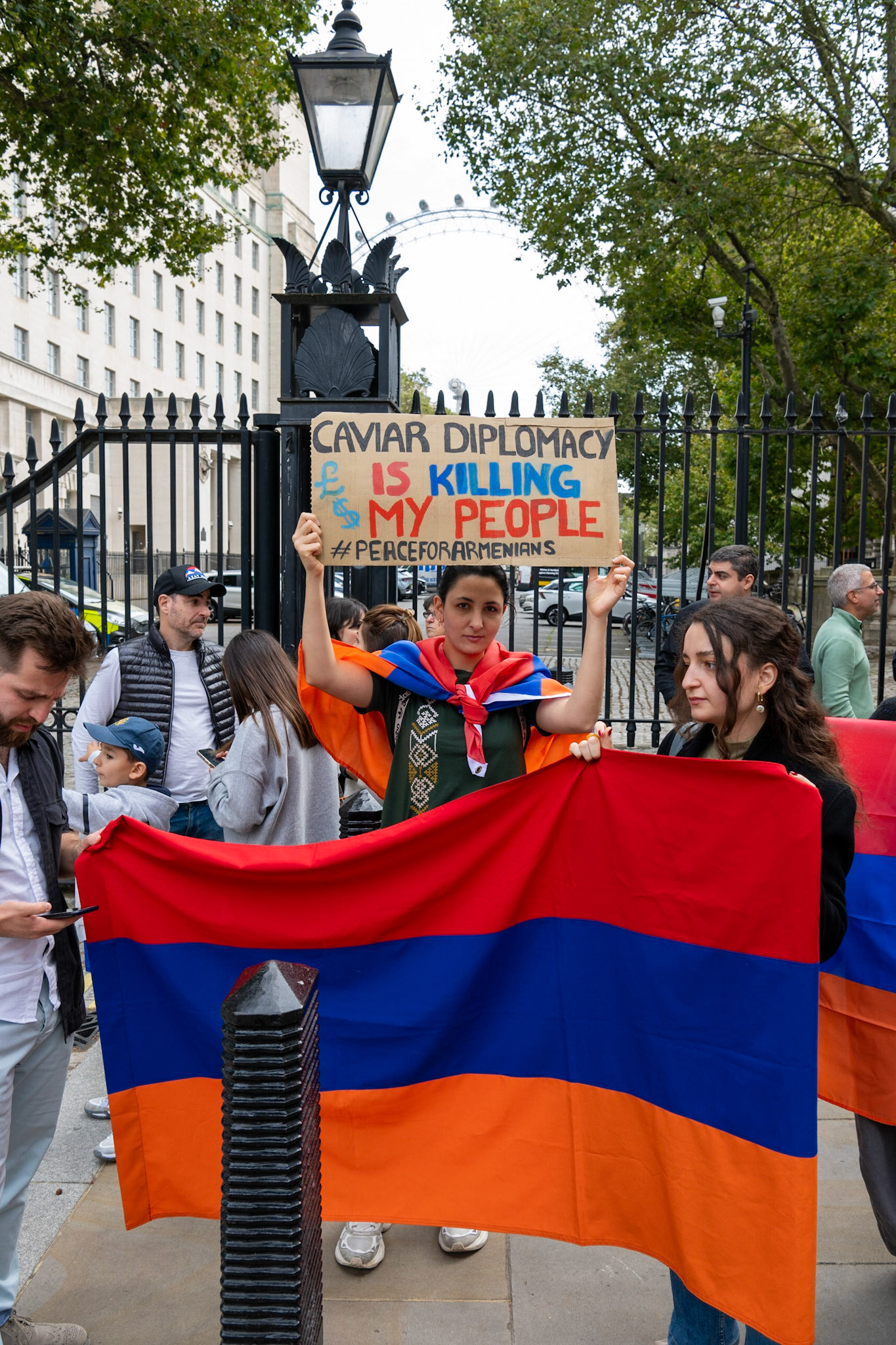 On September 30, 2023, at Downing St./EU Delegation Office, U.K., The United Committee of Armenian Organisation (ACCC) and the Diocese of the Armenian Church in the United Kingdom and Ireland gathered to denounce ethnic cleansing in the Republic of Artsakh (Nagorno-Karabakh). Bishop Hovakim Marukyan (not pictured) of the Diocese and representatives from the Armenian National Committee (ANC) were present. The event occurred amid President Samwel Shrahramanyan's call to dissolve the Republic by January 1, 2024, a move met with skepticism about its authenticity, given concerns of possible coercion. Azerbaijan had declared complete control over the enclave.