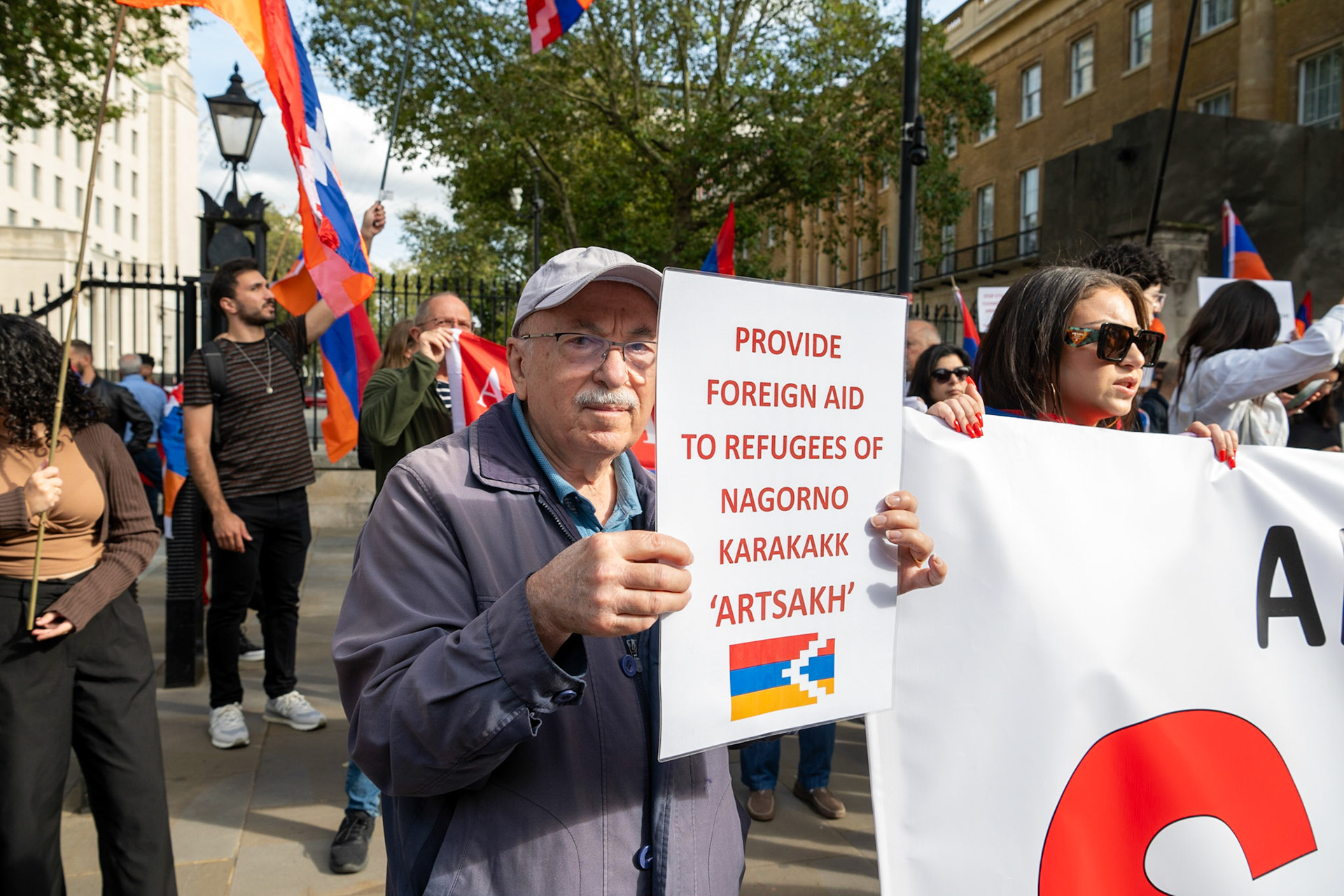 On September 30, 2023, at Downing St./EU Delegation Office, U.K., The United Committee of Armenian Organisation (ACCC) and the Diocese of the Armenian Church in the United Kingdom and Ireland gathered to denounce ethnic cleansing in the Republic of Artsakh (Nagorno-Karabakh). Bishop Hovakim Marukyan (not pictured) of the Diocese and representatives from the Armenian National Committee (ANC) were present. The event occurred amid President Samwel Shrahramanyan's call to dissolve the Republic by January 1, 2024, a move met with skepticism about its authenticity, given concerns of possible coercion. Azerbaijan had declared complete control over the enclave.