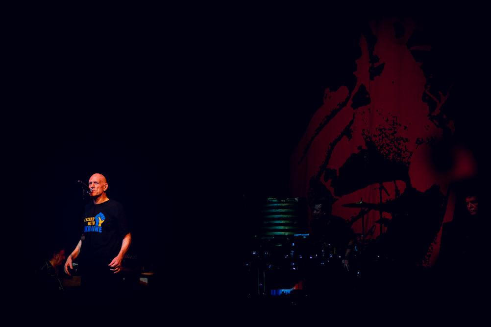Peter Andrew Garrett performs at the Roundhouse, London, UK (09 July 2022). As a band, Midnight Oil has been outspoken on environmental and Aborigie issues. Standing with Ukraine was prominently shown on Garrett's T-Shirt.