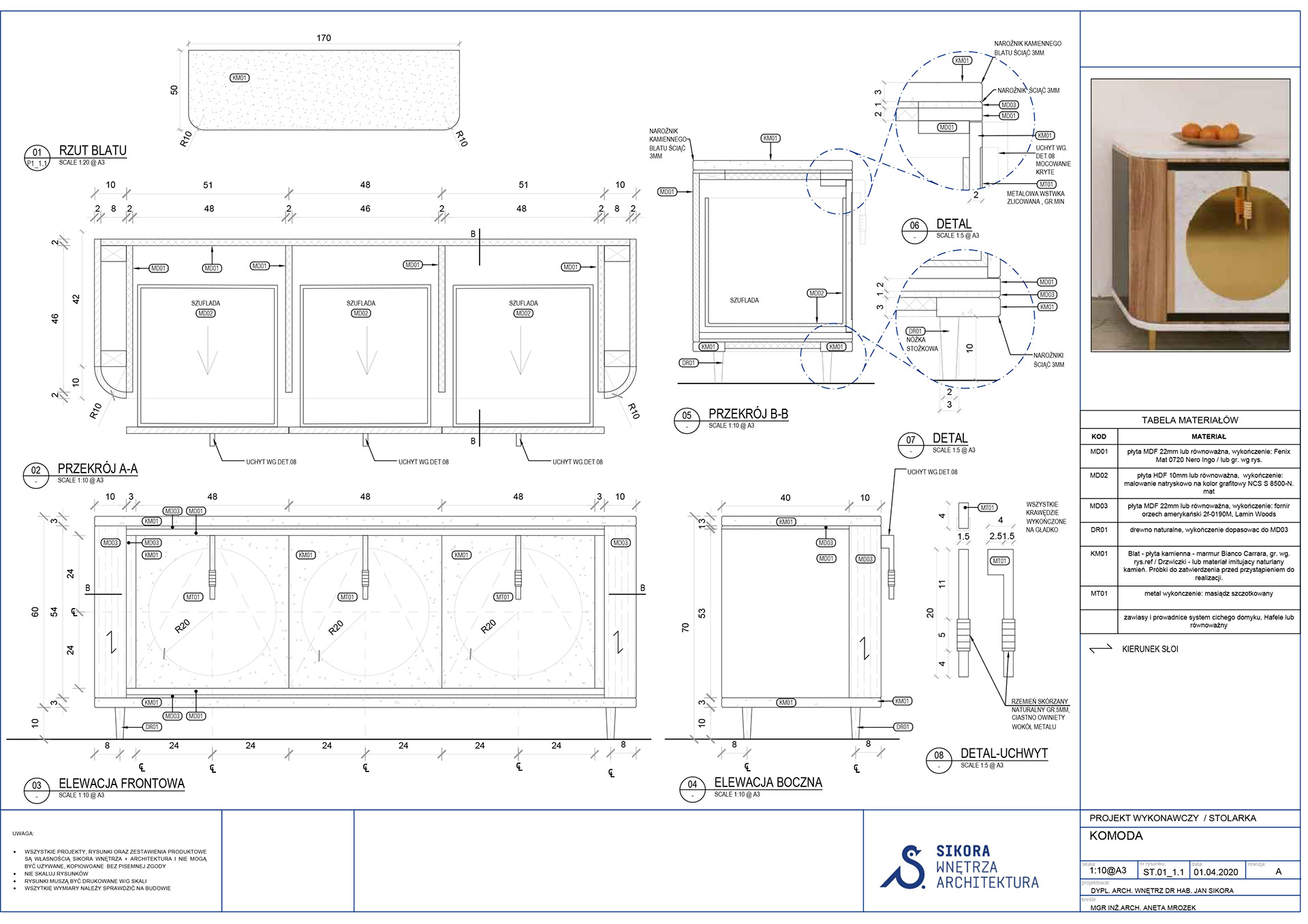 Rysunki techniczne przygotowane dla Sikora Wnętrza