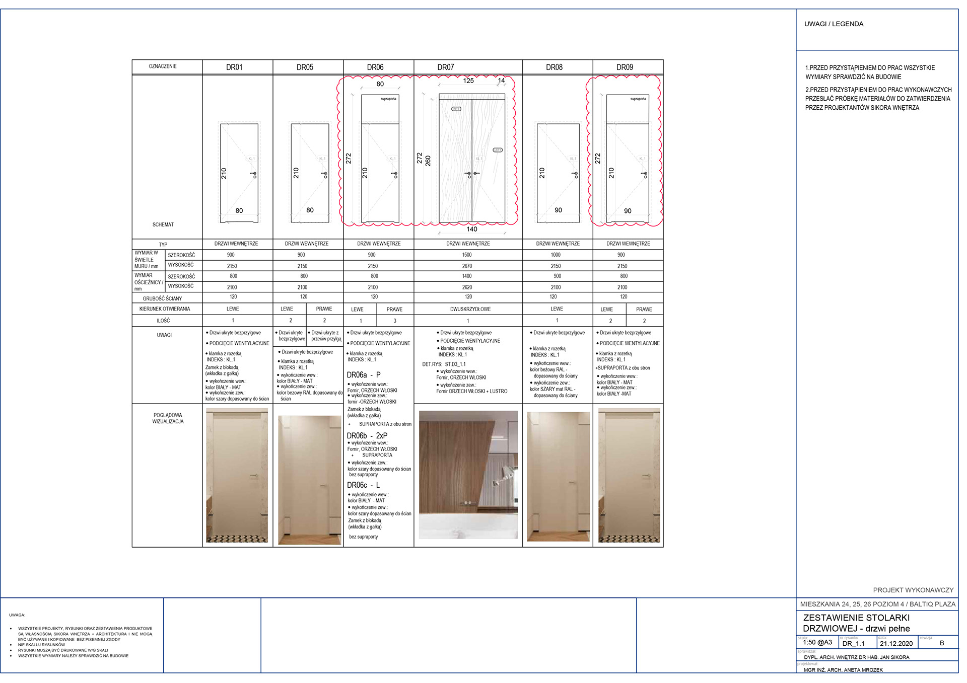 Rysunki techniczne przygotowane dla Sikora Wnętrza