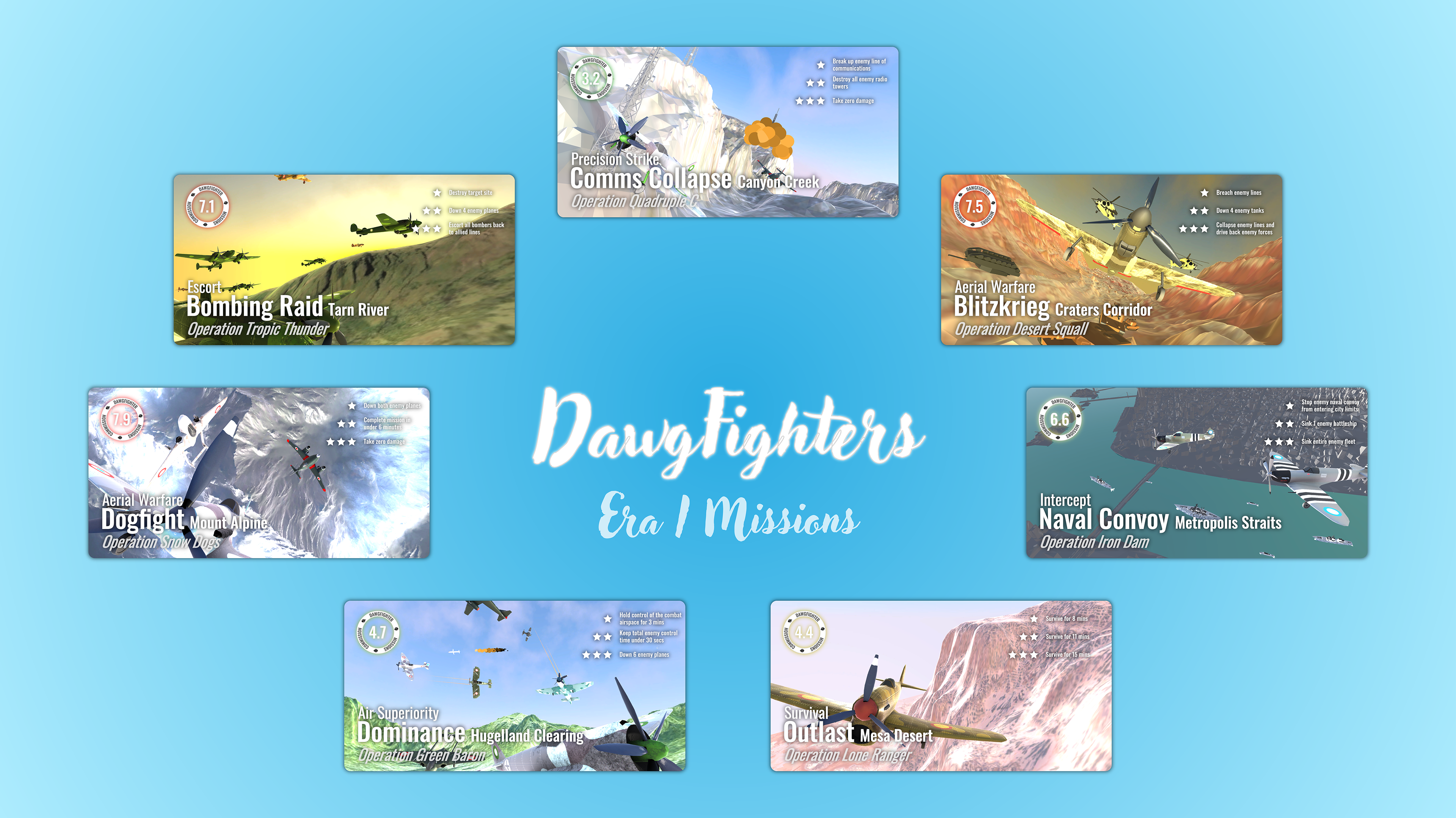 Infographic for aerial combat game, Dawgfighters, displaying the first seven missions in the asynchronous multiplayer mode, where players compete for high scores in bot-driven scenarios.