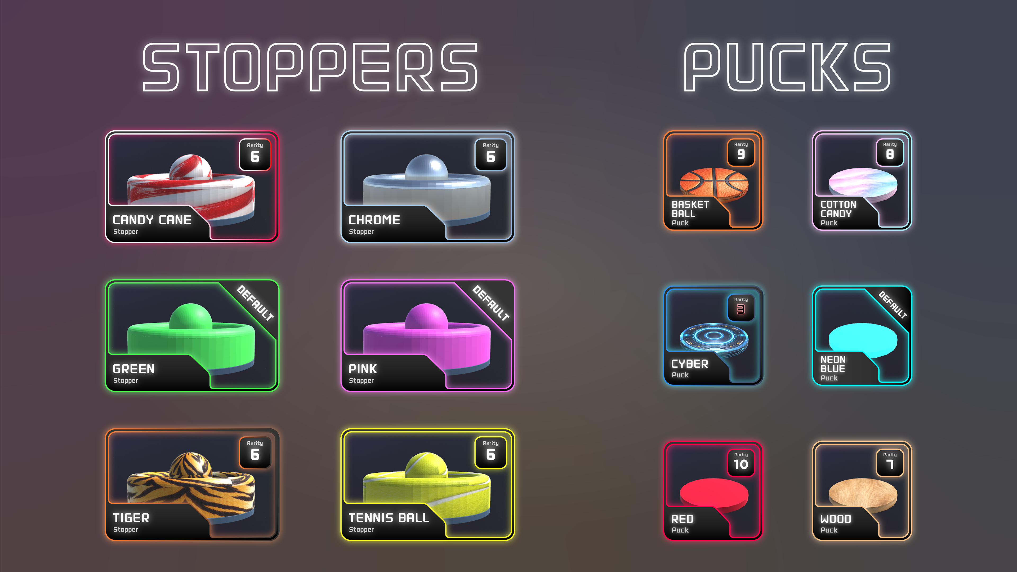Item set from the Gnarcadia marketplace for Air Hockey, showcasing first-generation stoppers and pucks with varied attributes for gameplay customization.