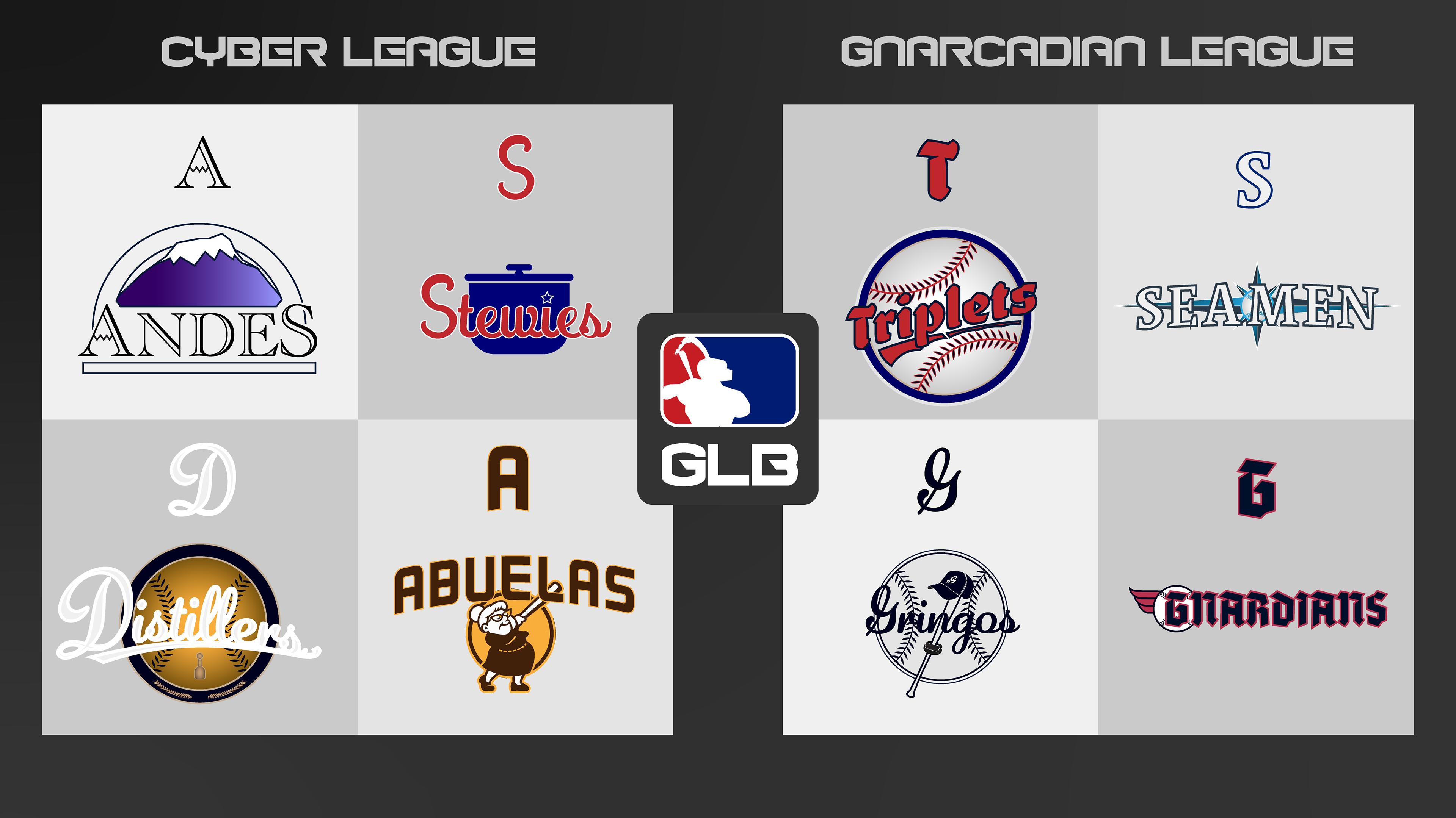 Graphic for Gnine Innings displaying the original eight playable teams available at launch within the Gnarcadia baseball lineup.