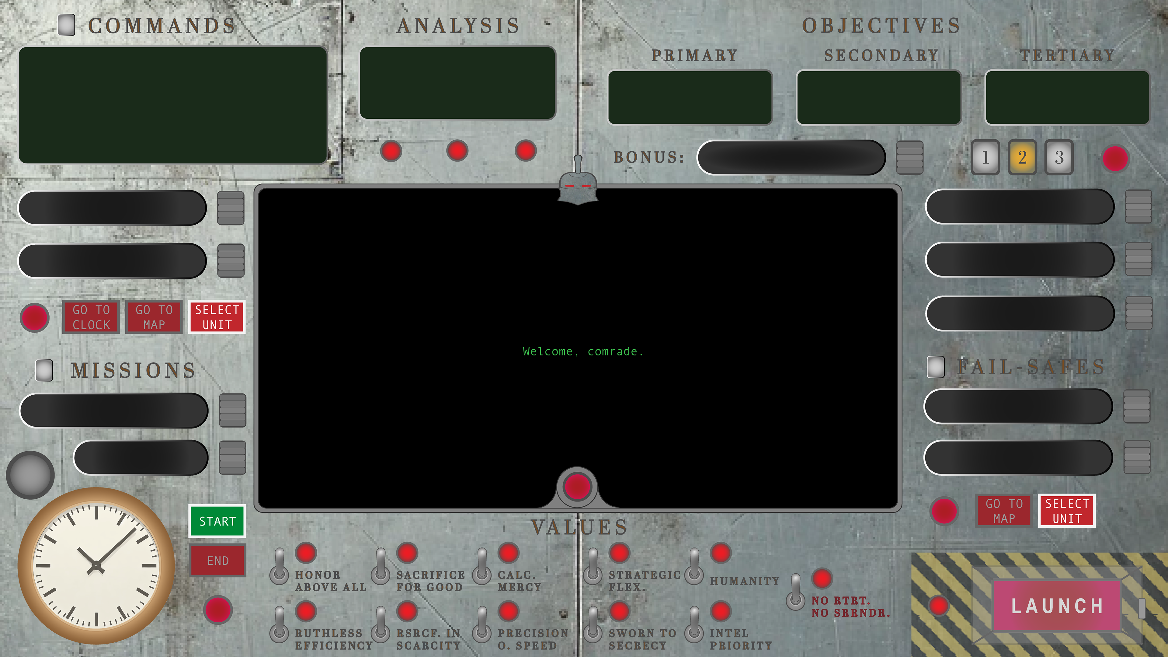 Concept interface for Command Control, an asynchronous strategy game where players preconfigure objectives, unit behaviors, and conditional commands before a fully simulated battle executes without further input, presented through a Cold War-era dashboard UI.