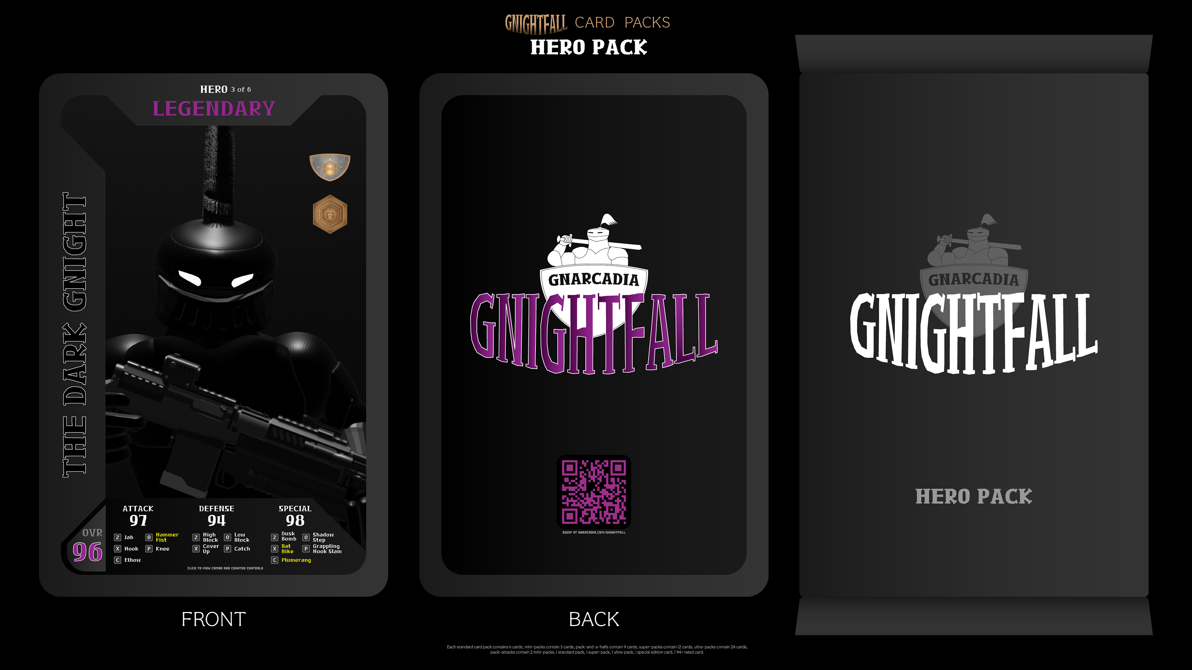 Concept design for a tradable physical card in Gnightfall, a 3D fighting game, where real-world cards can be scanned via QR code for use as in-game assets within the Gnarcadia ecosystem.