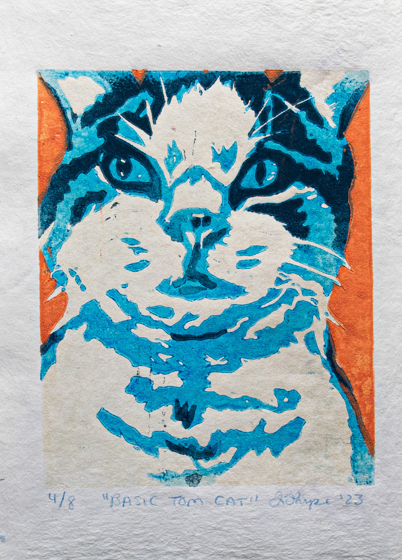 Basic Tom Cat, 2023, Relief Print on Handmade Paper, 5"x7"