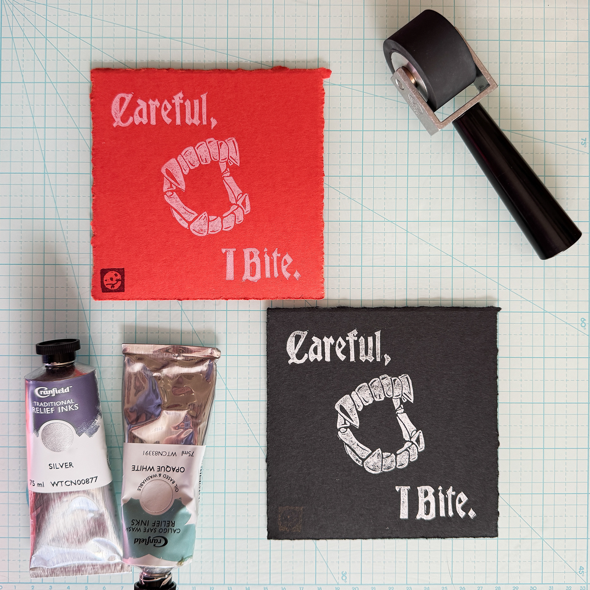 Careful, I Bite, 2024, Relief Print on Paper, 5"x5"