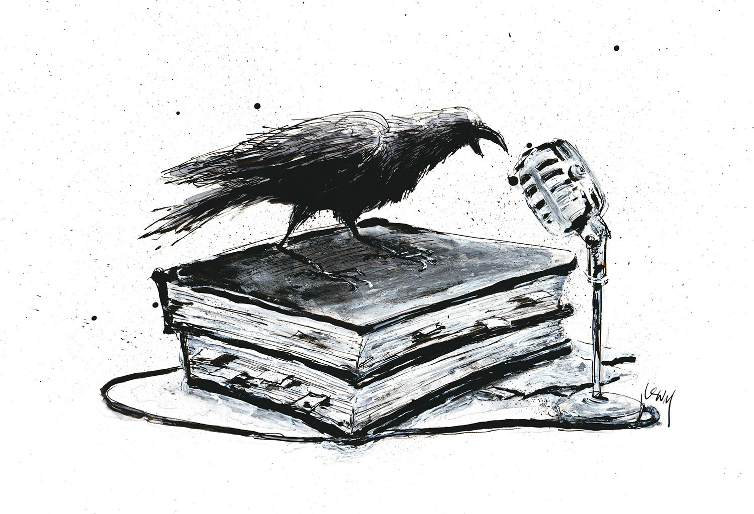 Black and white illustration with a crow speaking into a microphone, standing on a pile of books