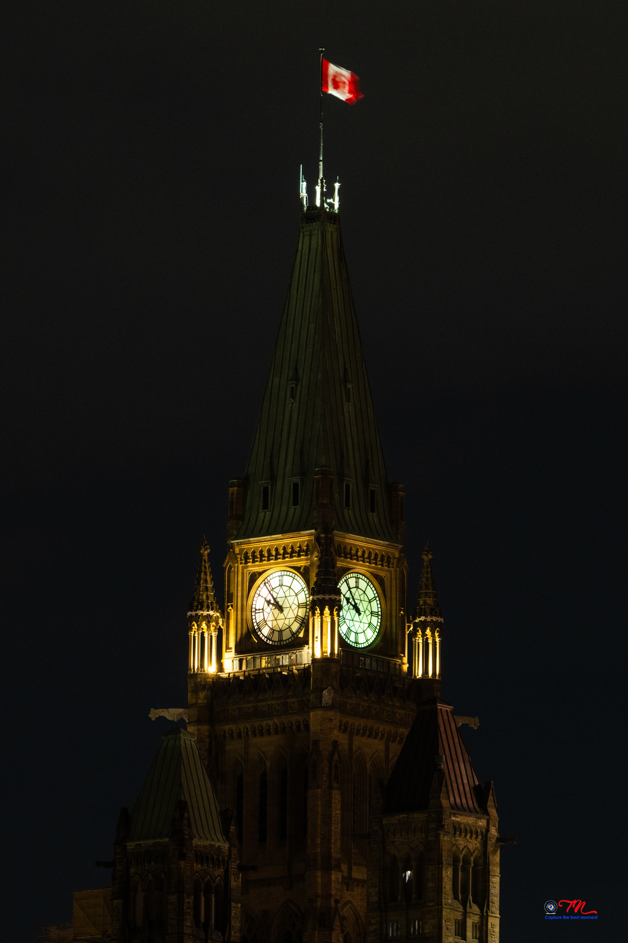 The top of Peace tower, Canadian Parliament buildings (Aug 2024)