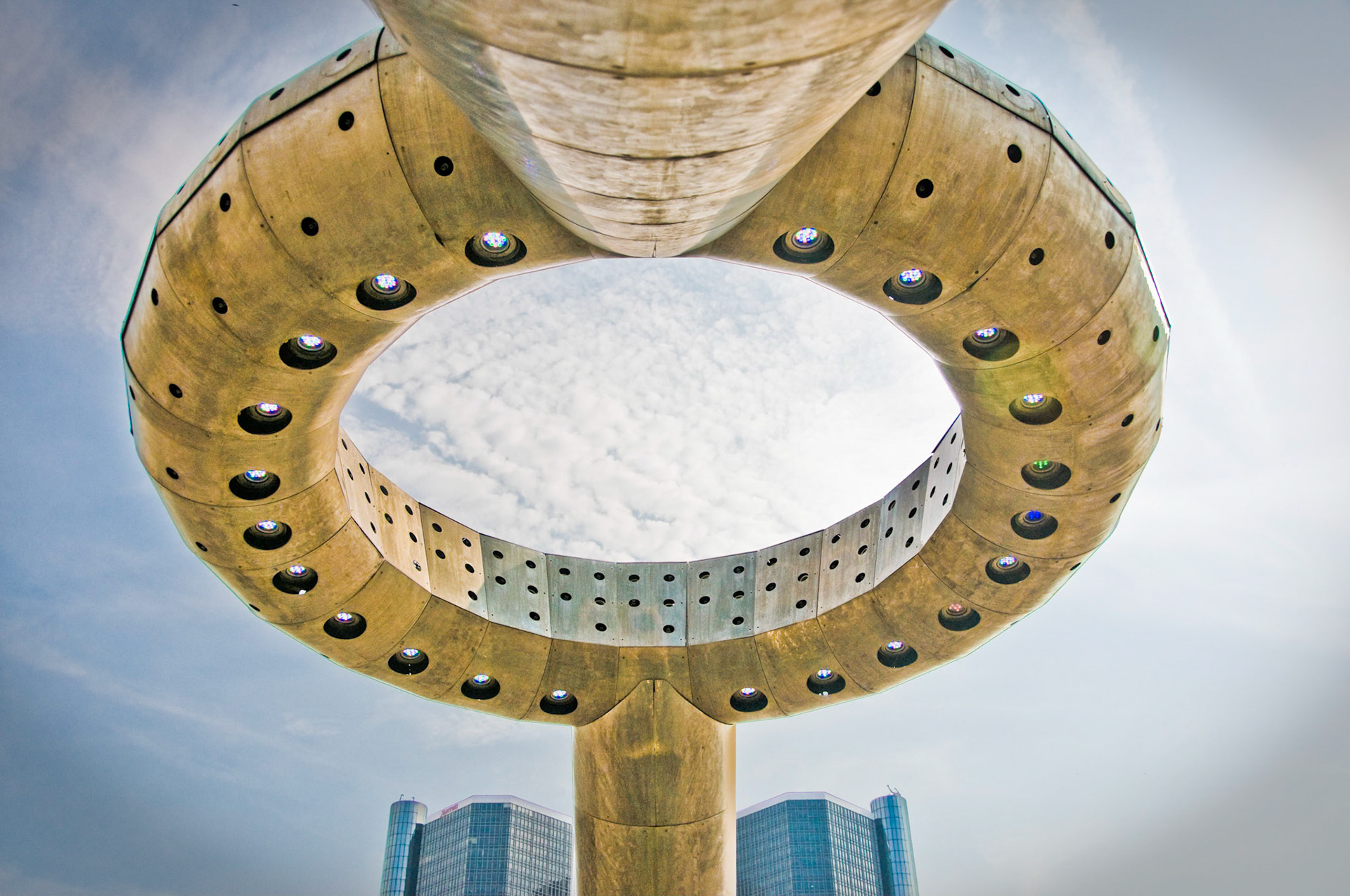 Looking up through the Hart Plaza fountain at the GM Building