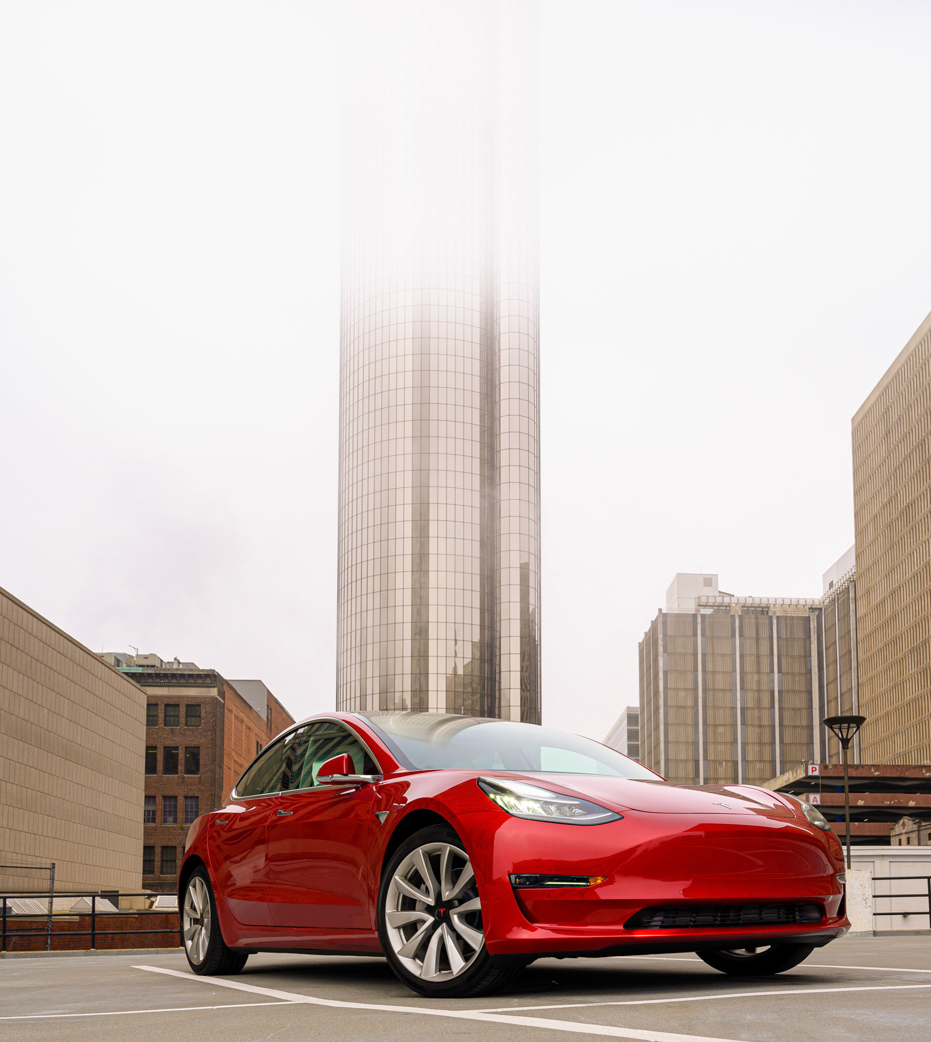 Red Tesla Model 3 Downtown Atlanta
