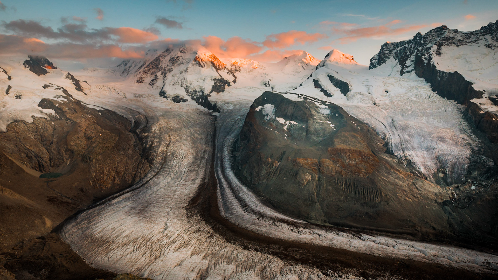 The Gorner Glacier together with the Grenz Glacier is a valley glacier found on the west side of the Monte Rosa massif close to Zermatt in the canton of Valais, Switzerland.