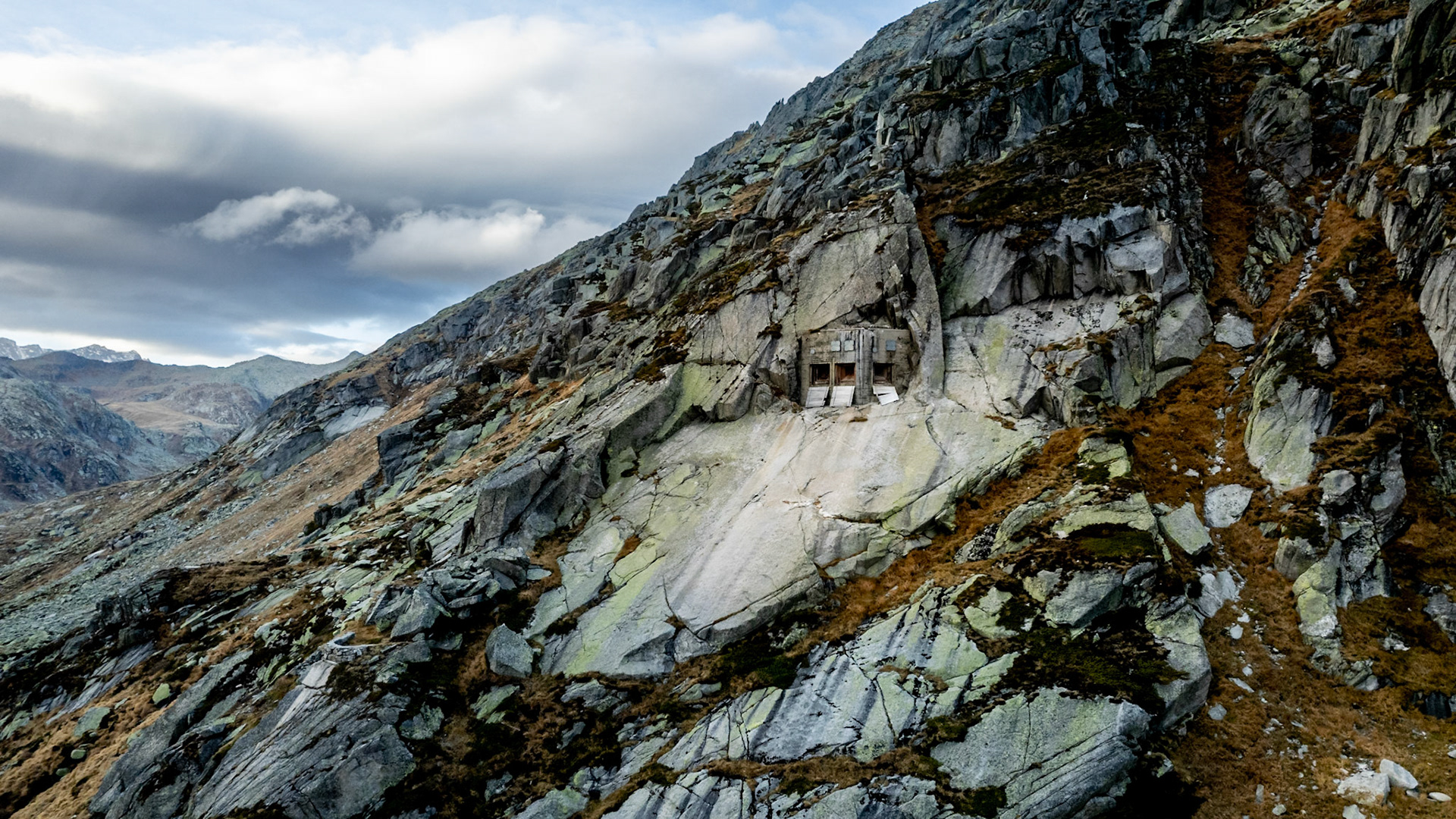 The Fort Sasso da Pigna at 2,400 metres on the Gotthard Pass was built during the early part of World War II, becoming operational in 1943. The fort consists of an eastern battery overlooking the Leventina valley and a western battery overlooking the Bedretto valley and the main pass.