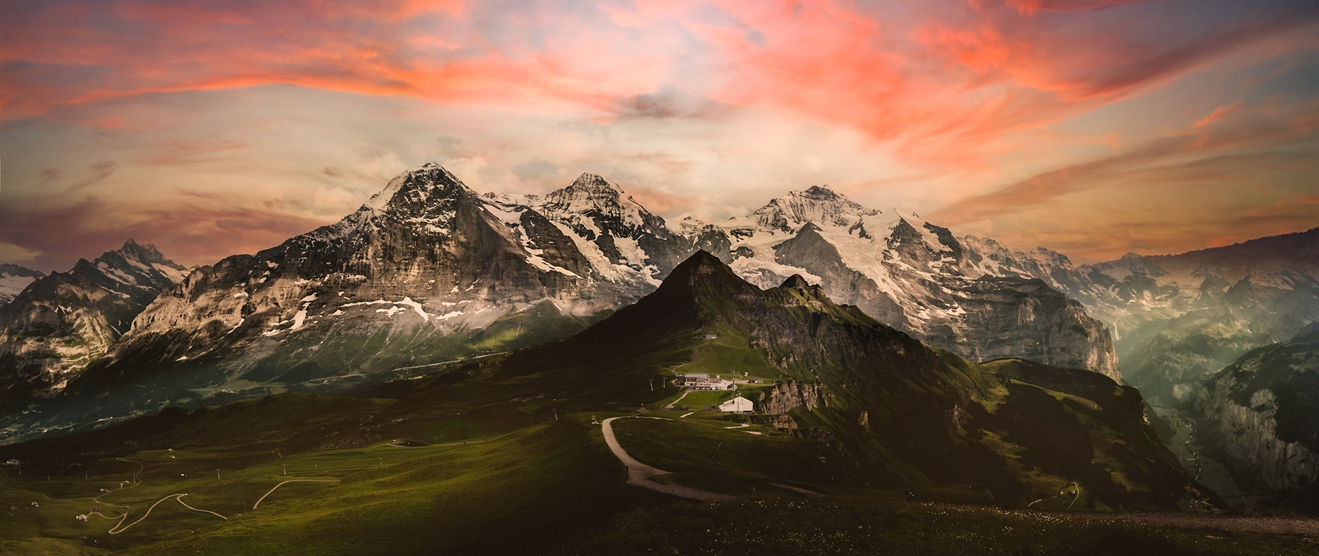 The Jungfrau at 4,158 meters is one of the main summits of the Bernese Alps, located between the northern canton of Bern and the southern canton of Valais. Together with the Eiger and Mönch, the Jungfrau forms a massive wall of mountains, one of the most distinctive sights of the Swiss Alps.