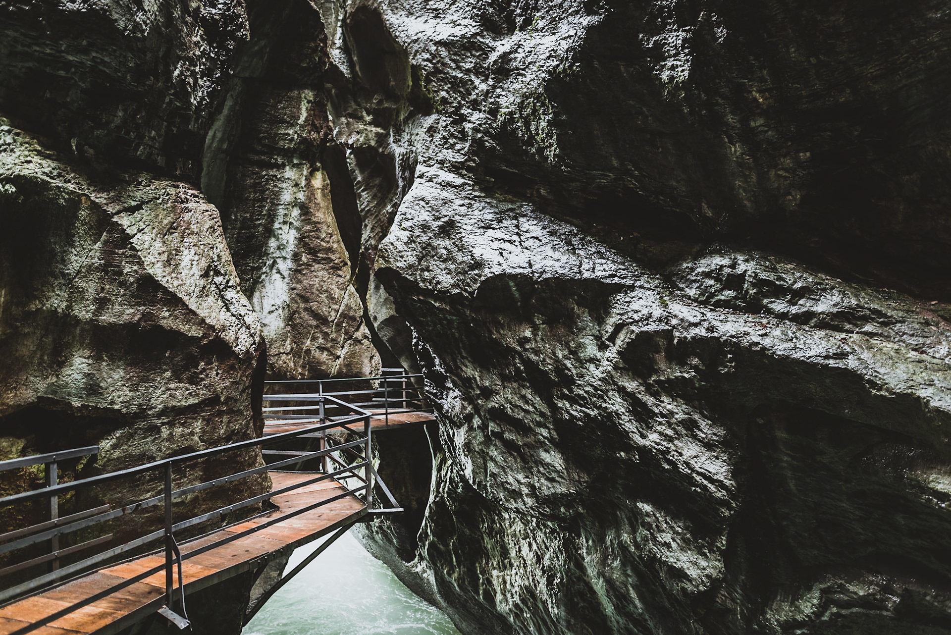 The Aare Gorge is a section of the river Aare that carves through a limestone ridge near the town of Meiringen, in the Bernese Oberland, Switzerland. The narrowest with of the gorge is just 1 metre.