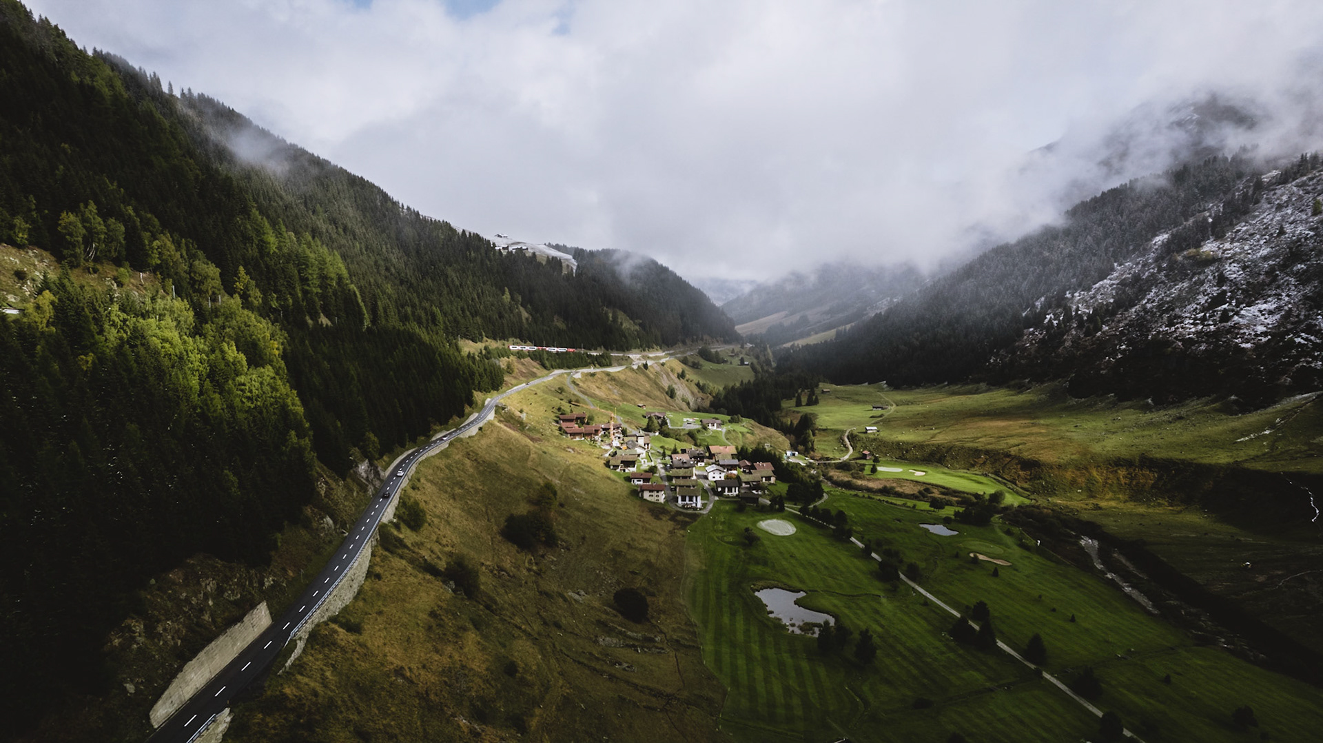 Oberalppass near Sedrun, Valais, Switzerland late Autumn. The Oberalp Pass is a high mountain pass in the Swiss Alps at 2,044 metres connecting the cantons of Graubünden and Uri between Disentis and Andermatt.