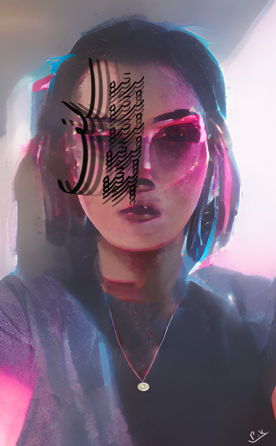 Digital self-portrait and calligraphy, 2025